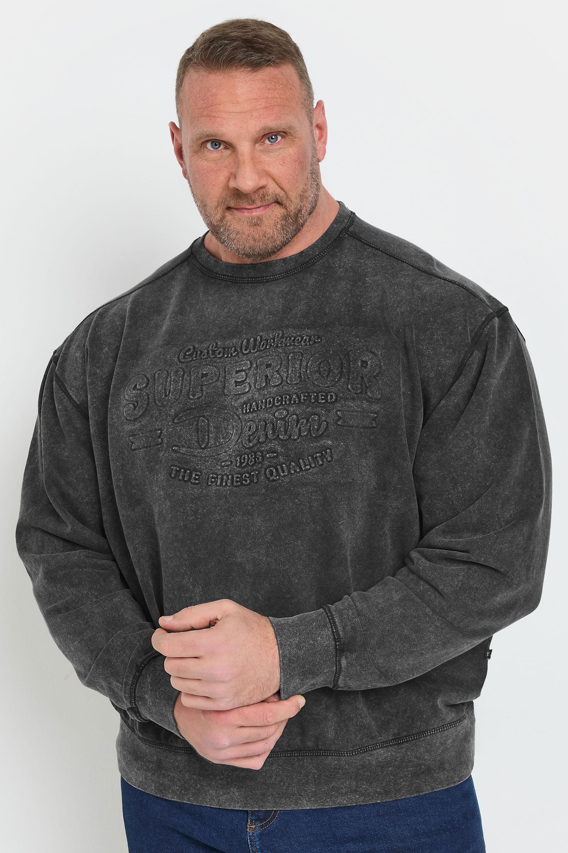 KAM Big & Tall Black Embossed Crew Neck Sweatshirt | BadRhino 2