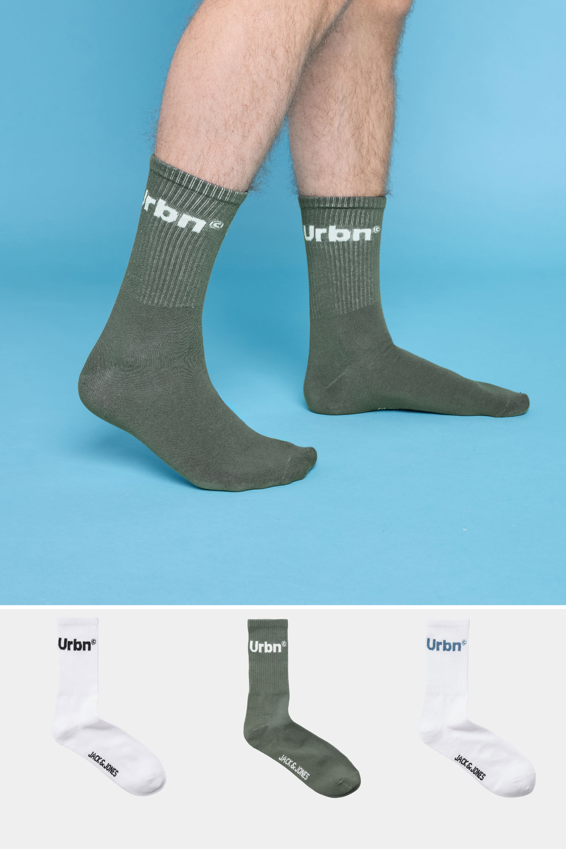 JACK & JONES 3 Pack White & Green 'Urbn' Socks | BadRhino 1