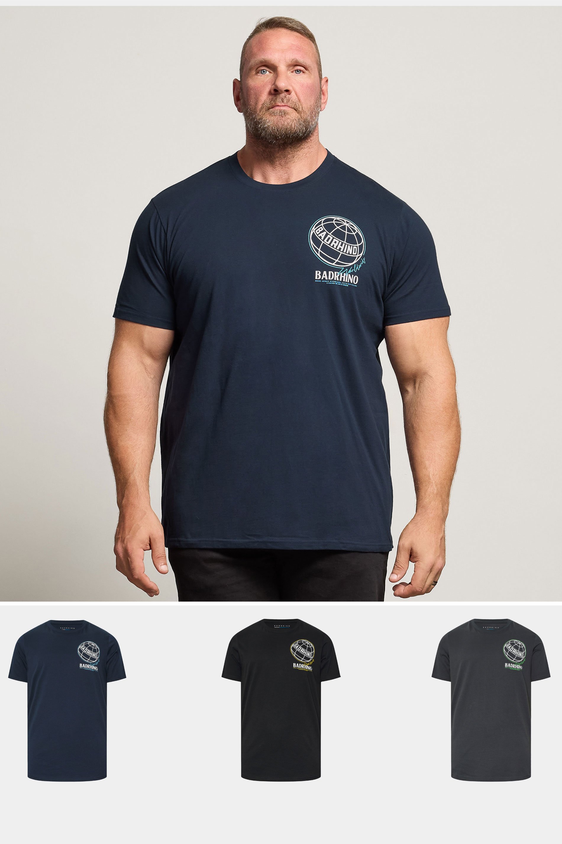 BadRhino Big & Tall 3 PACK Black & Navy Blue Worldwide Graphic T-Shirts | BadRhino 1