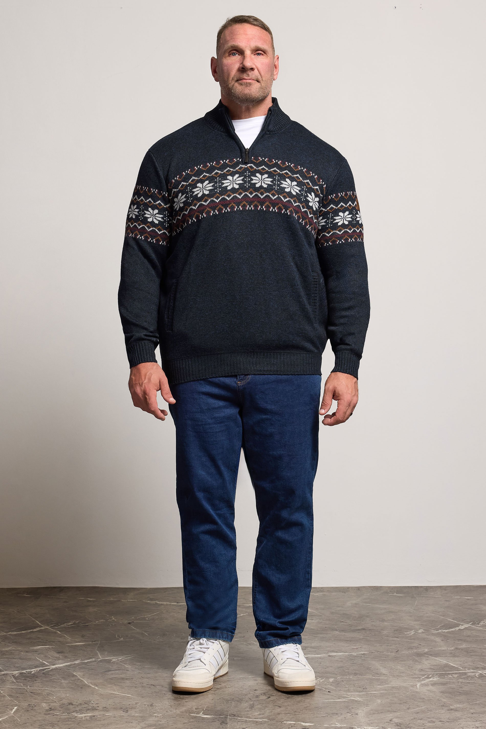 D555 Big & Tall Navy Blue Fairisle Quarter Zip Knitted Jumper | BadRhino 2