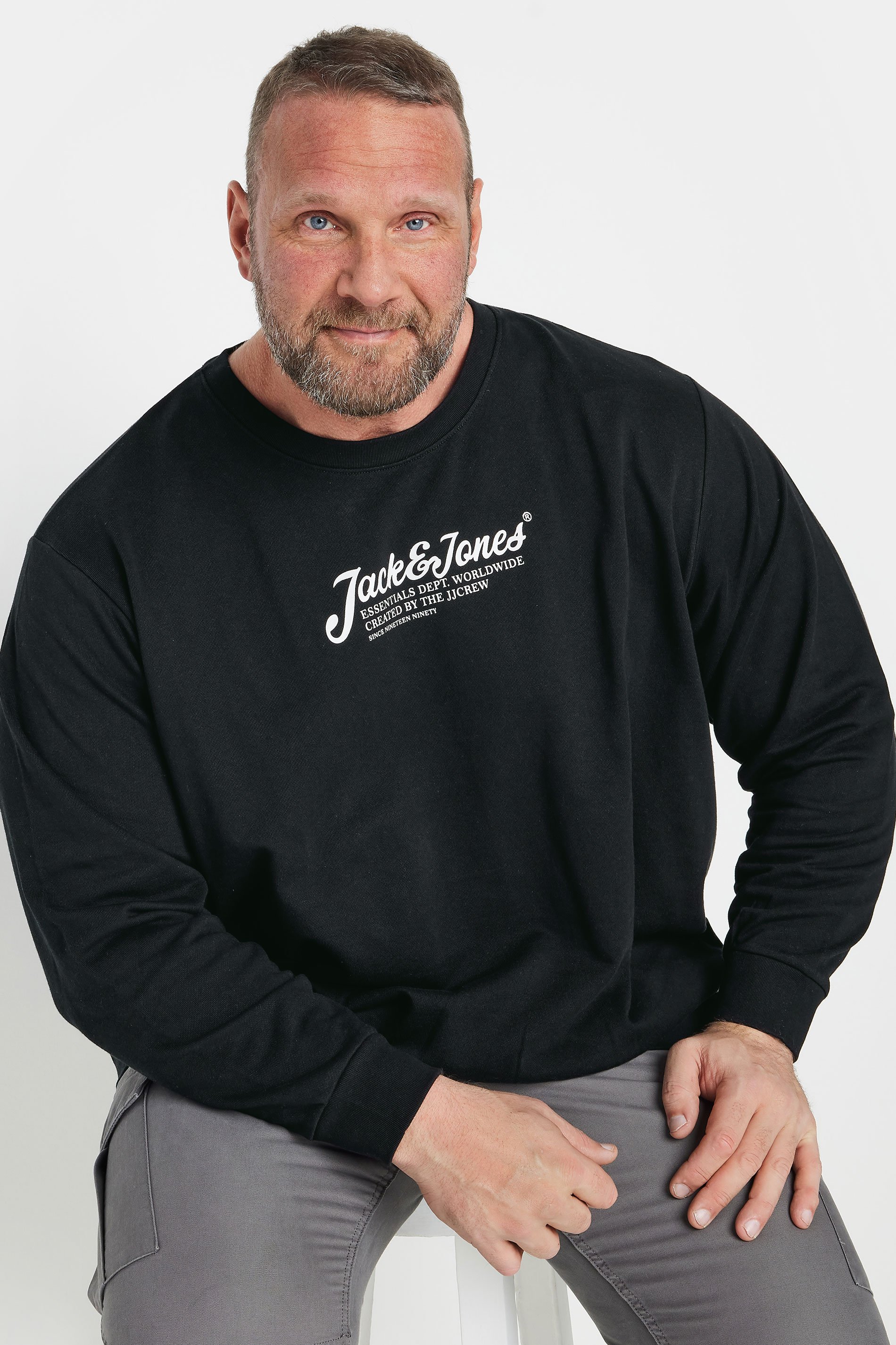 JACK & JONES Big & Tall Black Crew Neck Sweatshirt | BadRhino 1