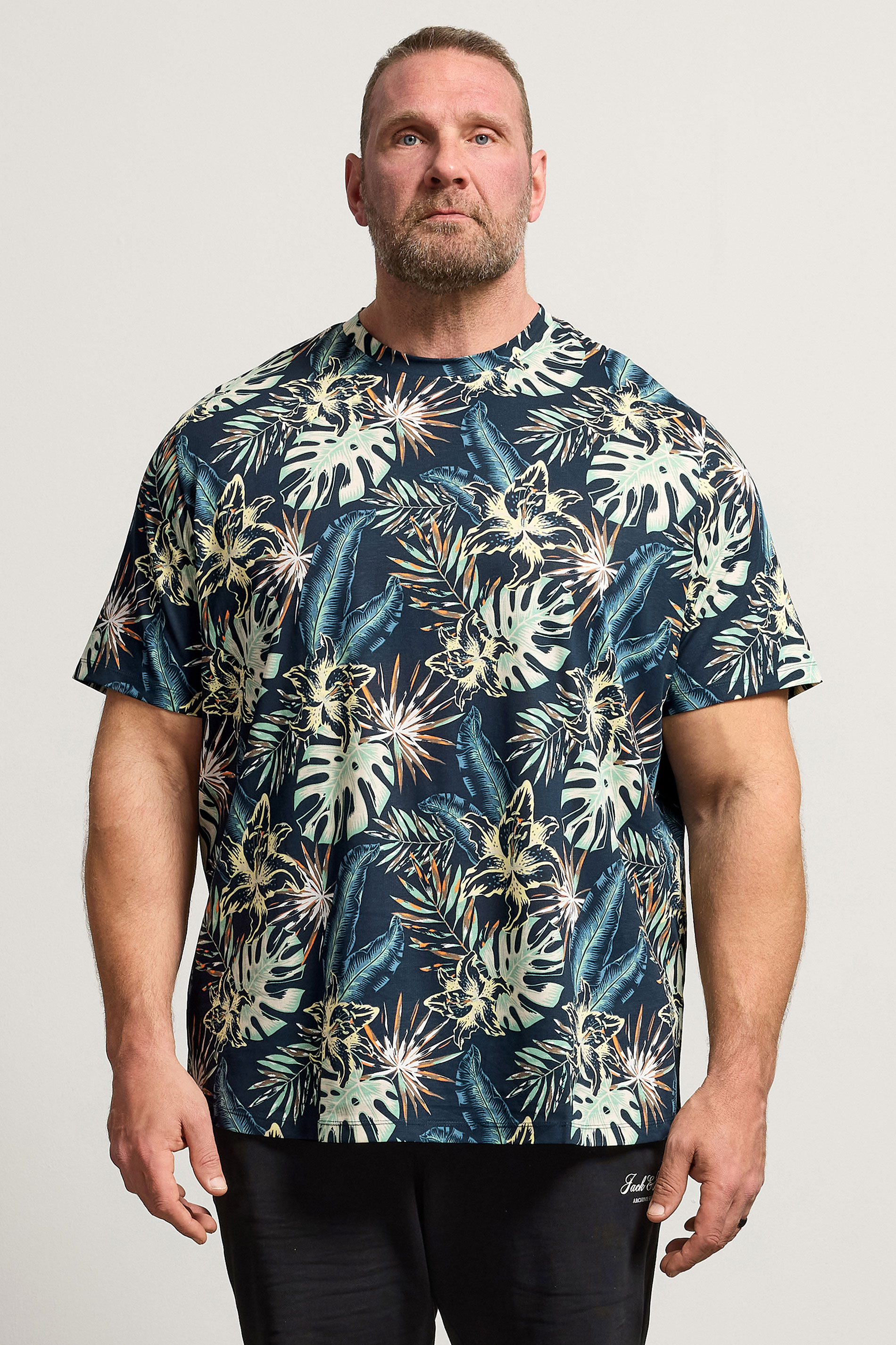 JACK & JONES Big & Tall Navy Blue Leaf Printed T-Shirt | BadRhino 3