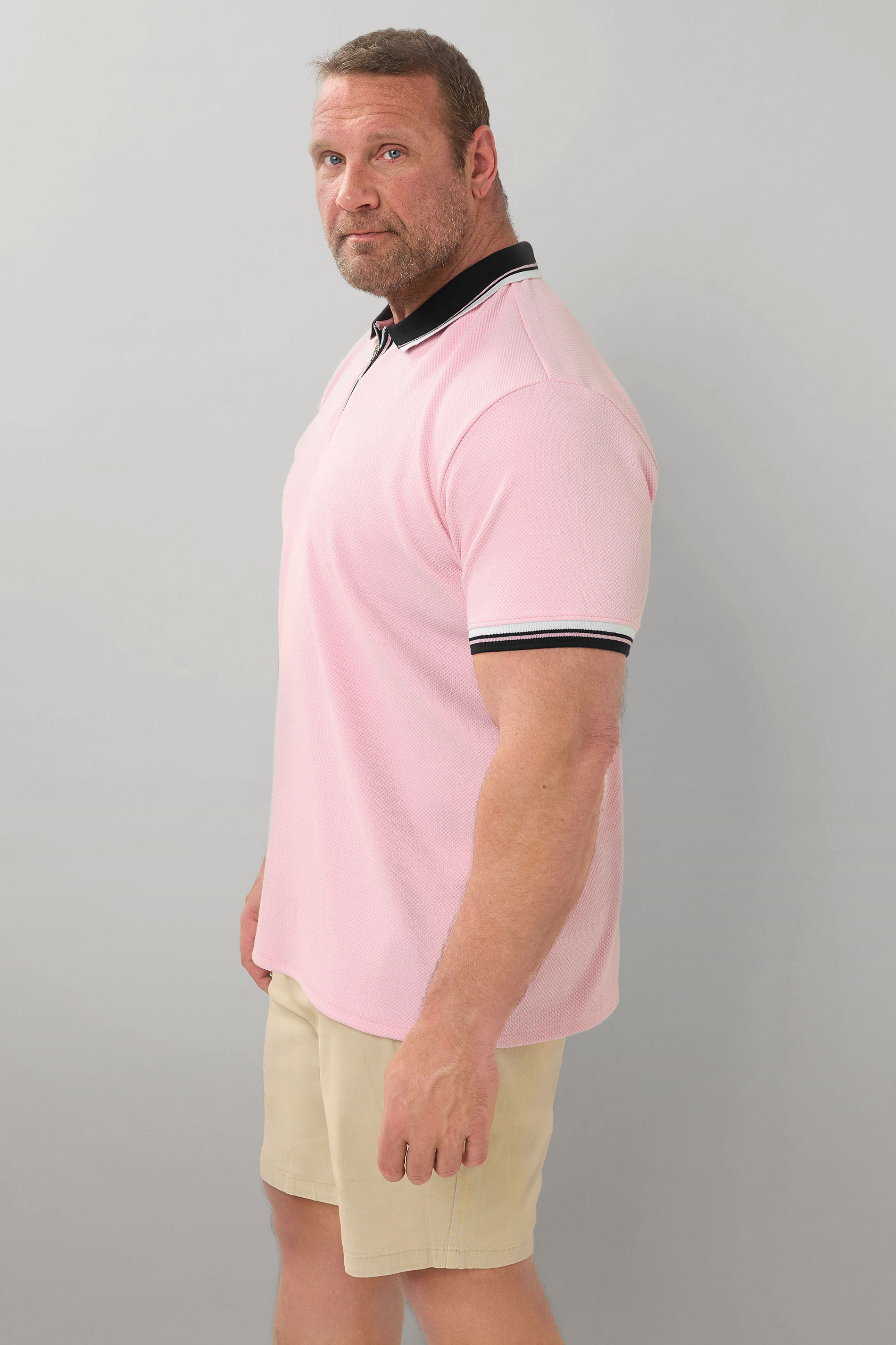 BadRhino Big & Tall Pink Seersucker Textured Zip Polo Shirt | BadRhino 4