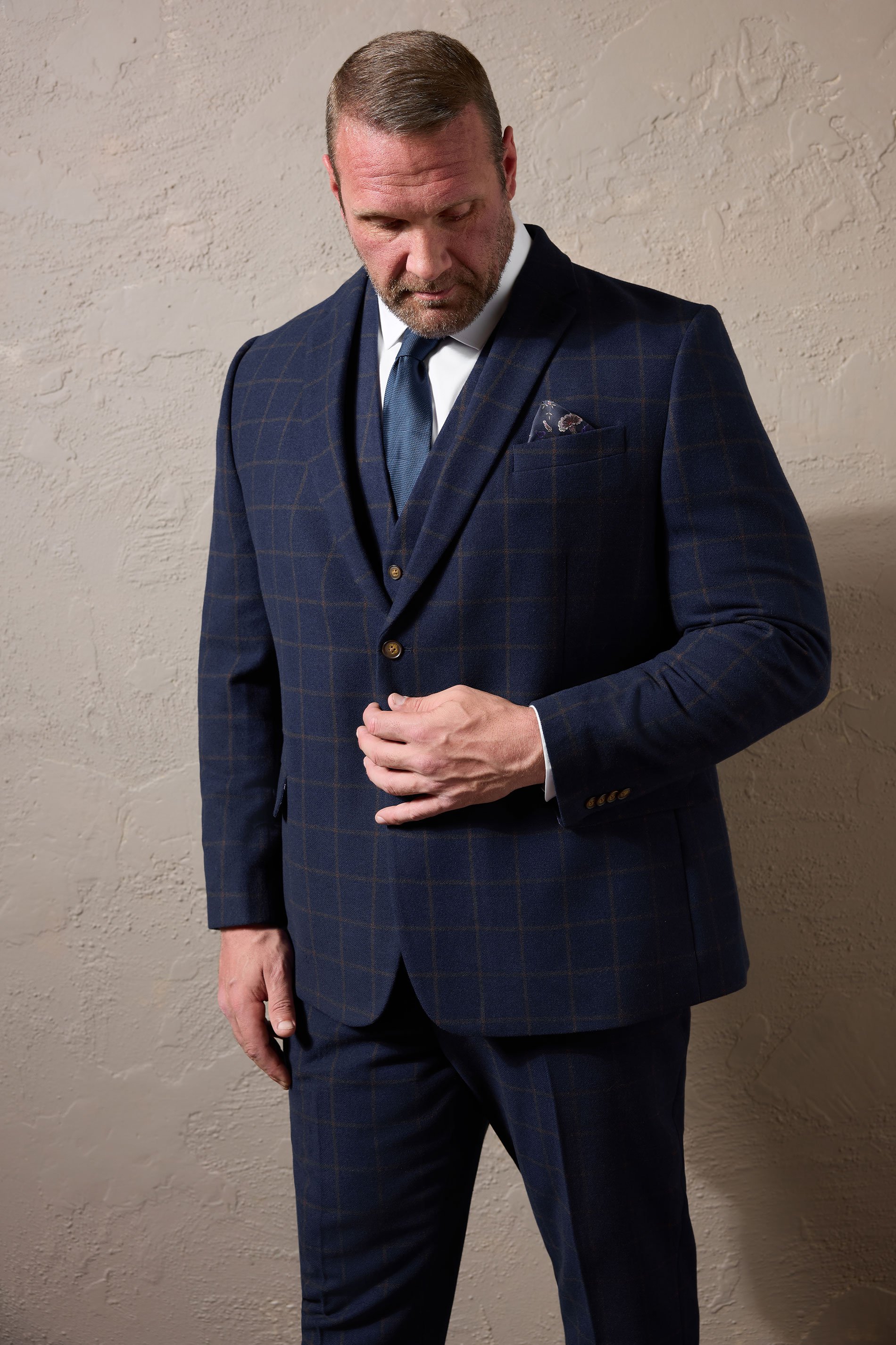 BadRhino Tailoring Big & Tall Navy Blue & Rust Orange Tweed Checked Suit Jacket | BadRhino 1