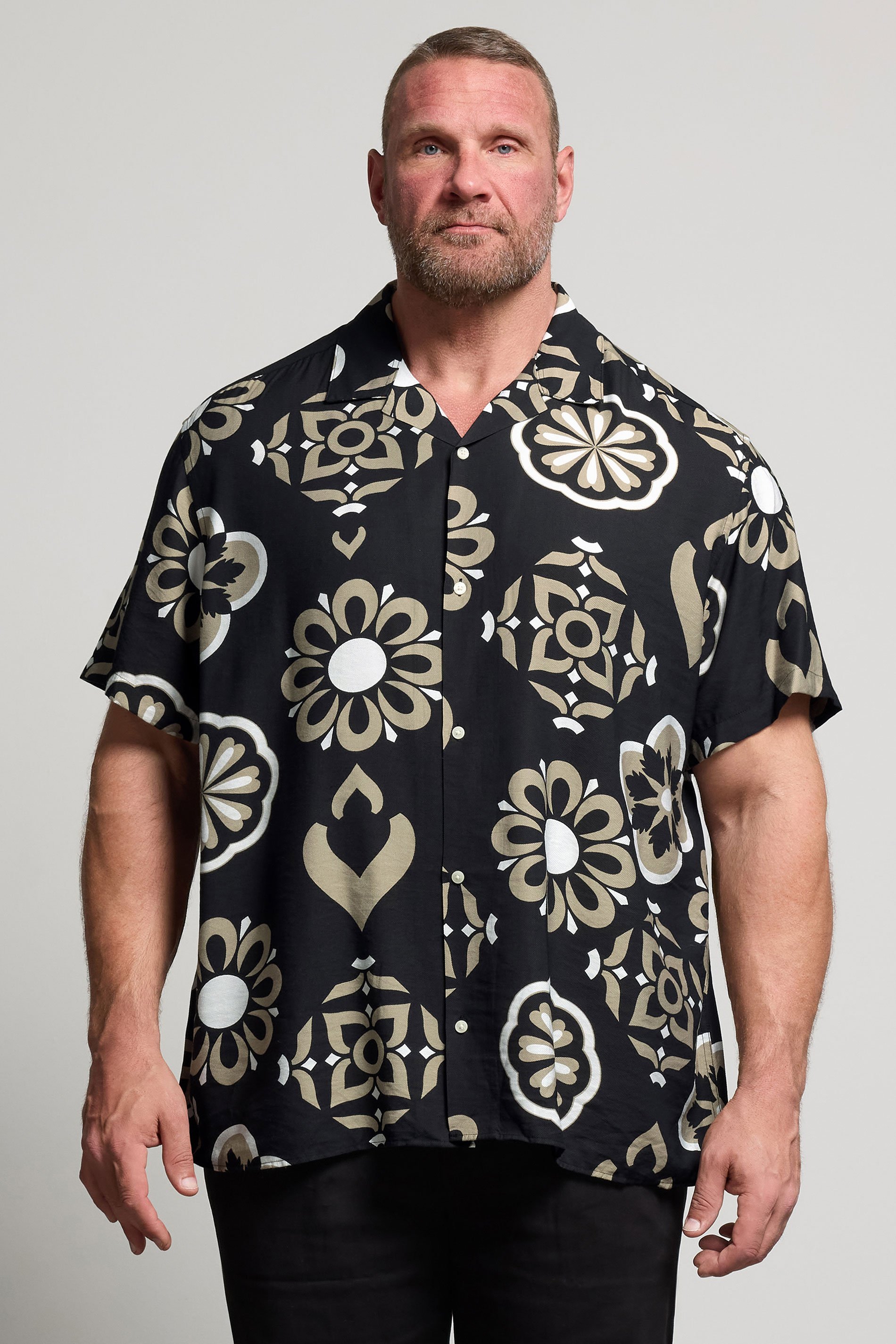 JACK & JONES Big & Tall Black Printed Resort Shirt | BadRhino 1