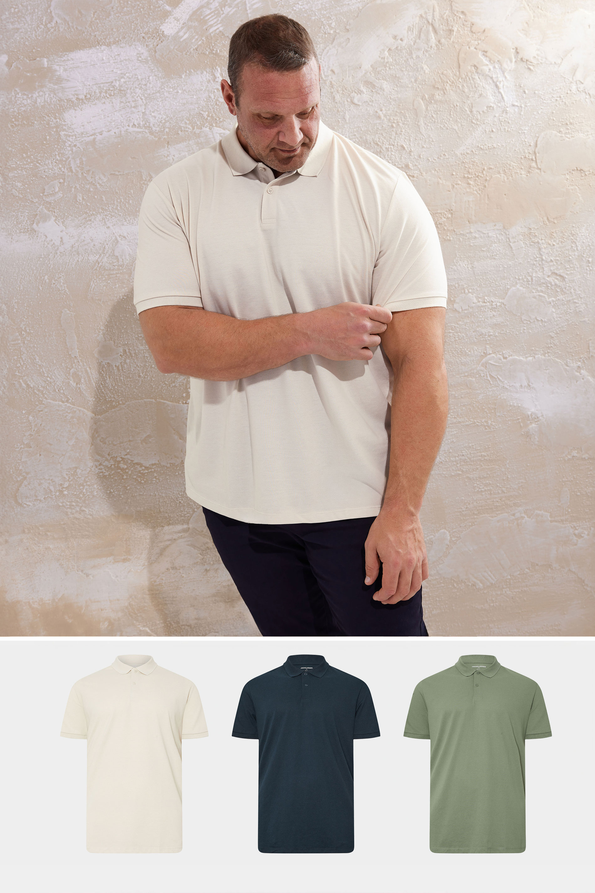 JACK & JONES Big & Tall 3 PACK Sage Green & Moonbeam White Polo shirts | BadRhino 1