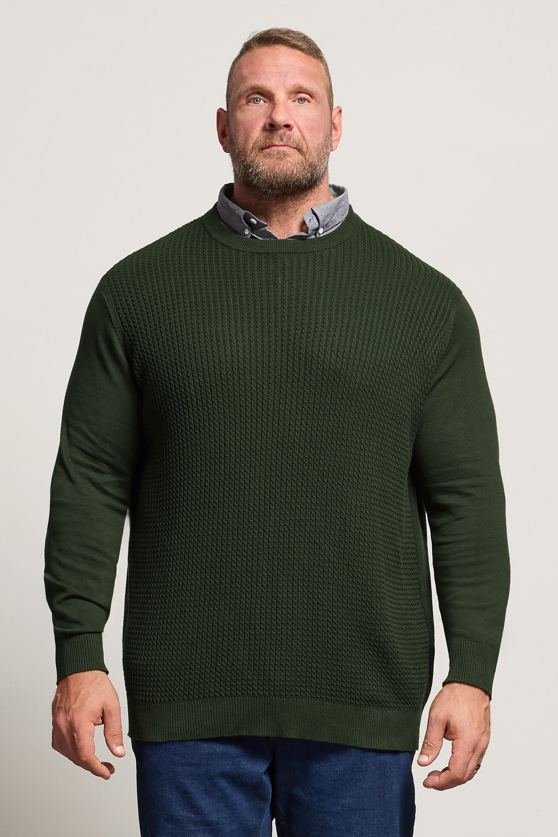 BadRhino Big & Tall Dark Green Cable Knit Mock Shirt Jumper | BadRhino 2