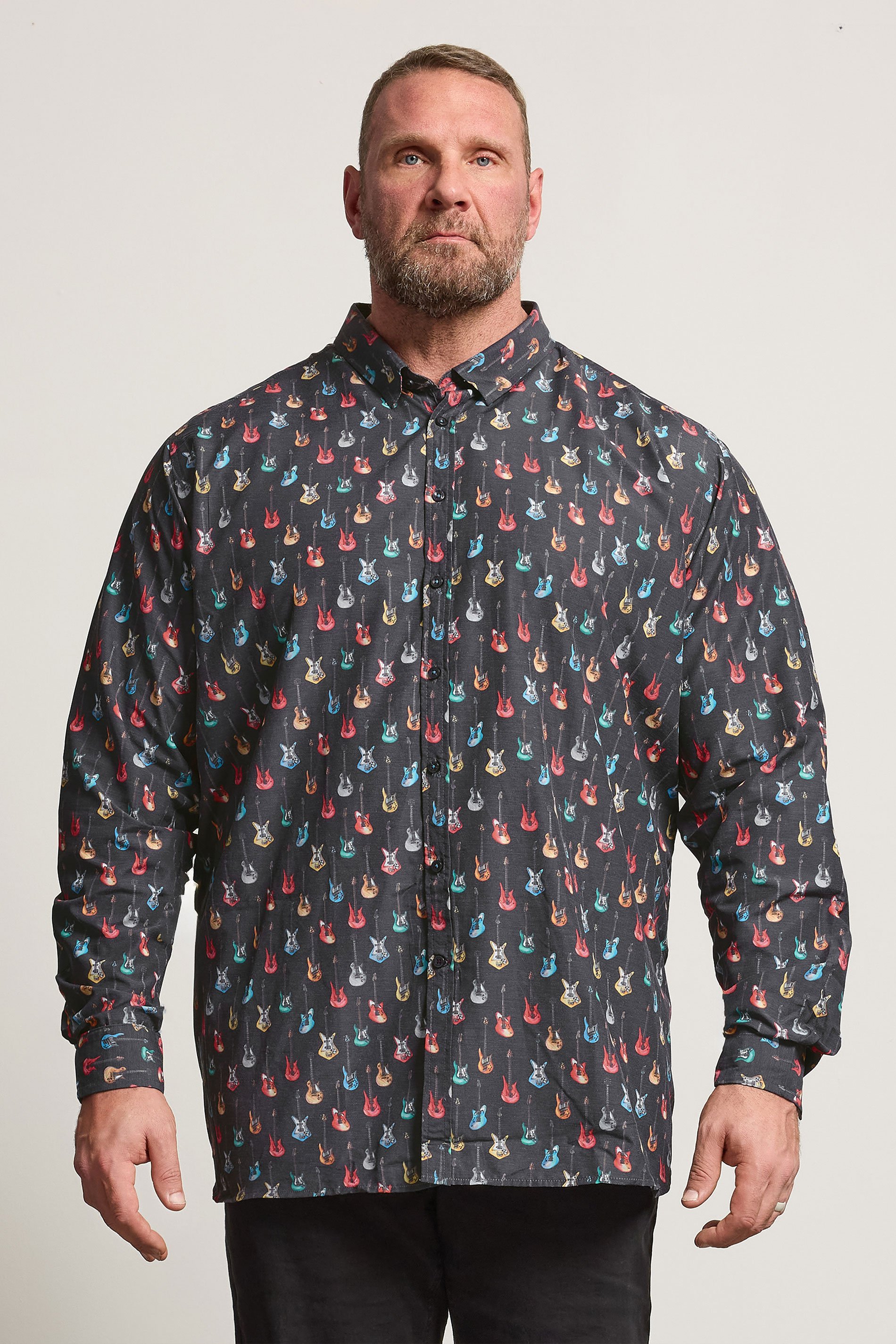 D555 Big & Tall Navy Blue Guitar Print Shirt | BadRhino 1