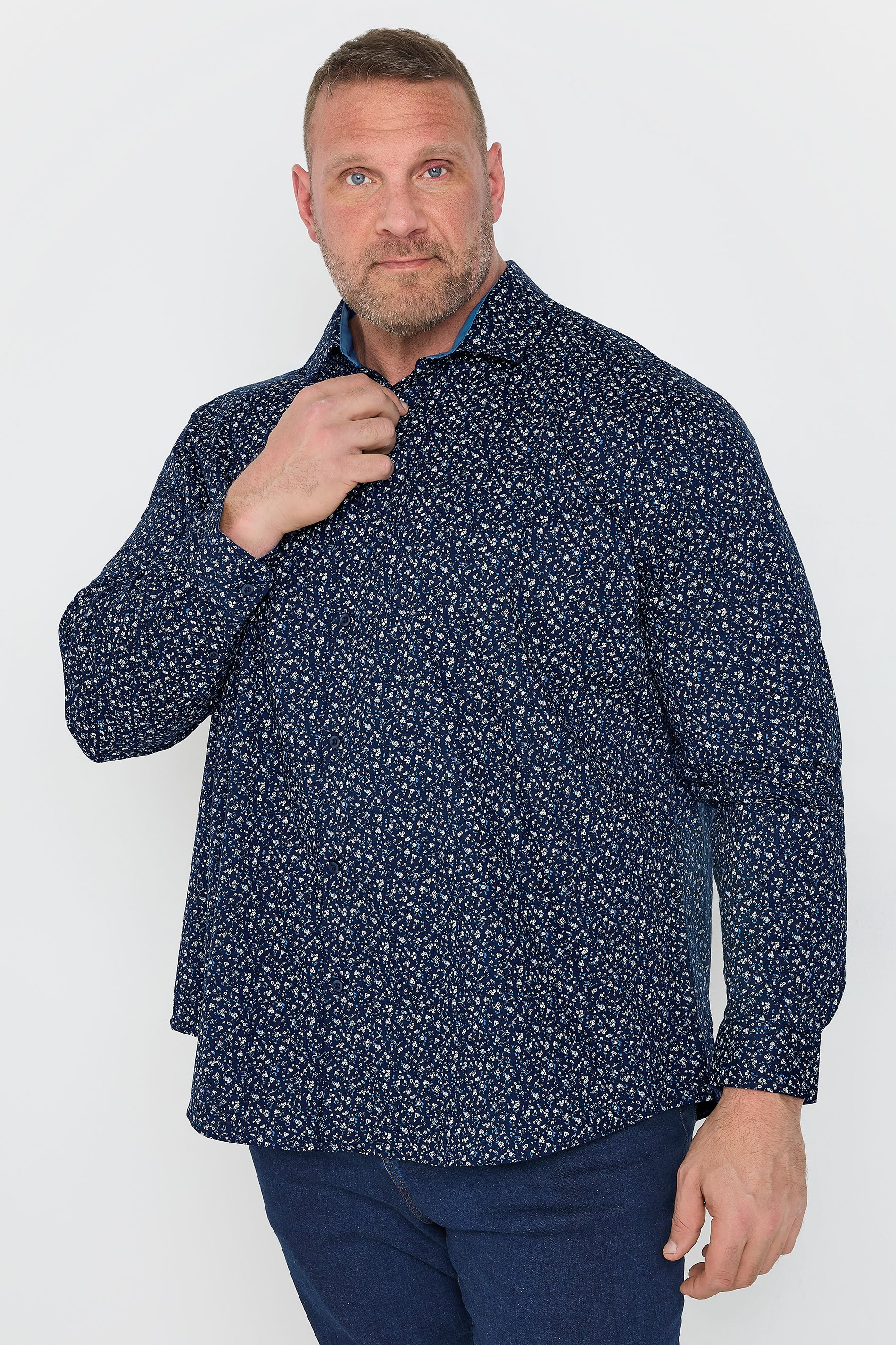 BadRhino Tailoring Big & Tall Navy Blue Micro Floral Print Formal Shirt | BadRhino 2