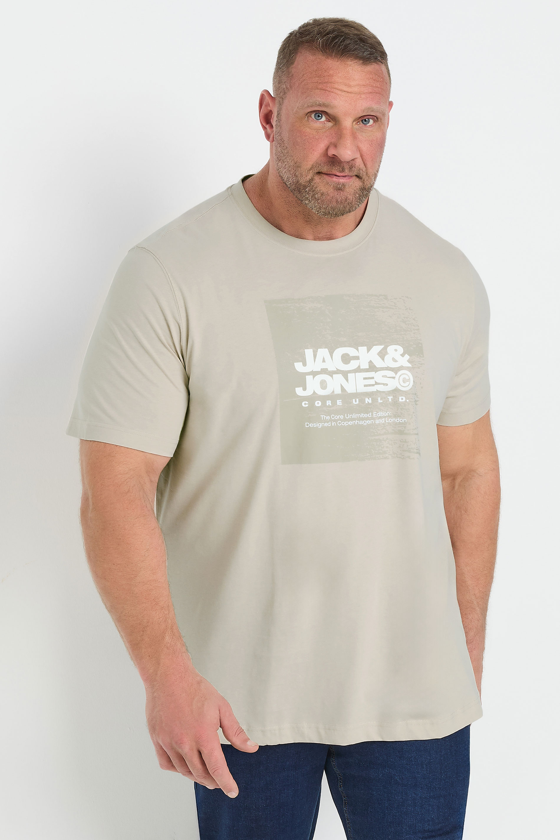 JACK & JONES Big & Tall Natural Cream Logo Printed T-Shirt | BadRhino 1