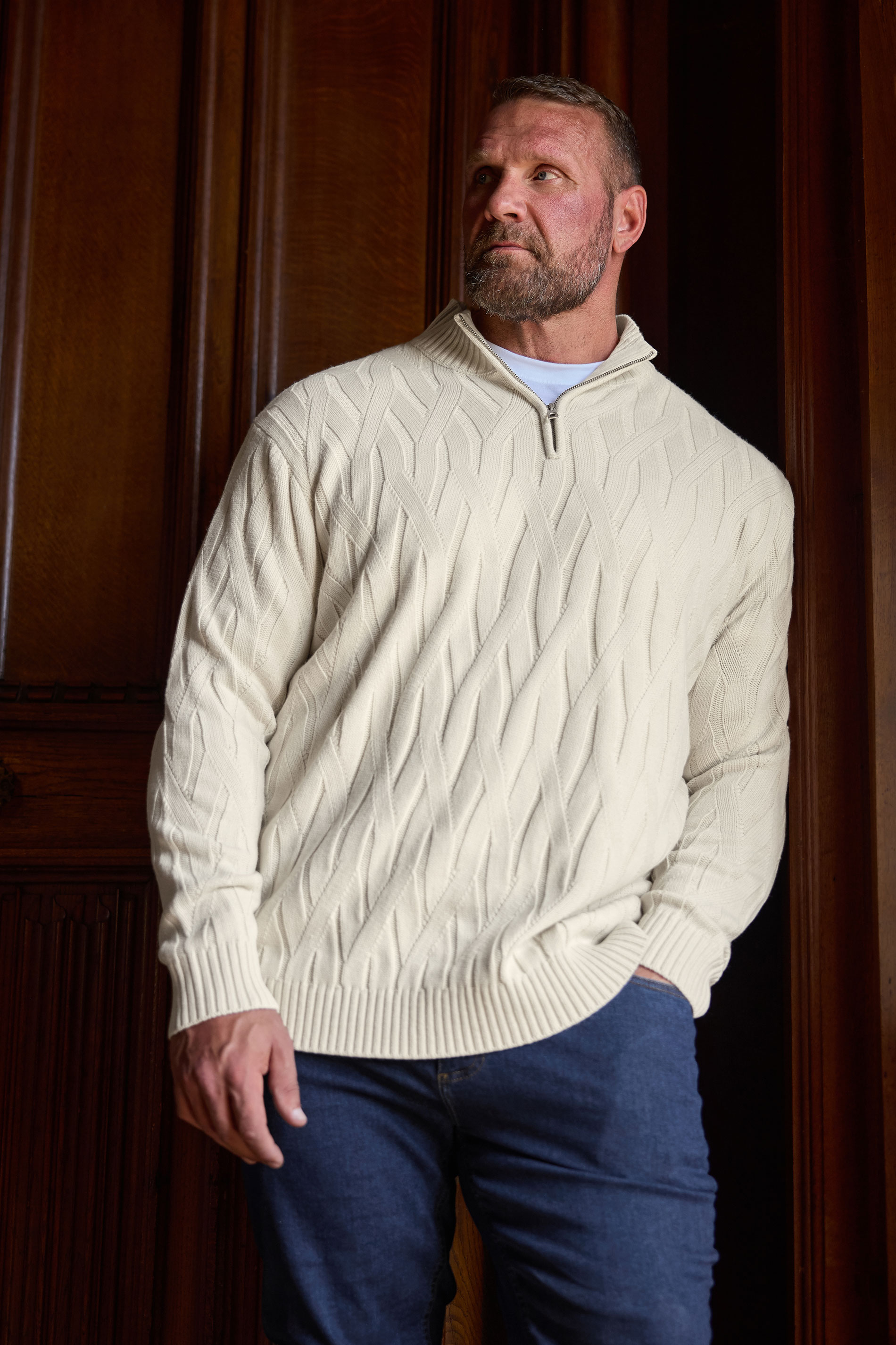 BadRhino Big & Tall Marshmallow Cream Cable Knit Quarter Zip Jumper | BadRhino 2