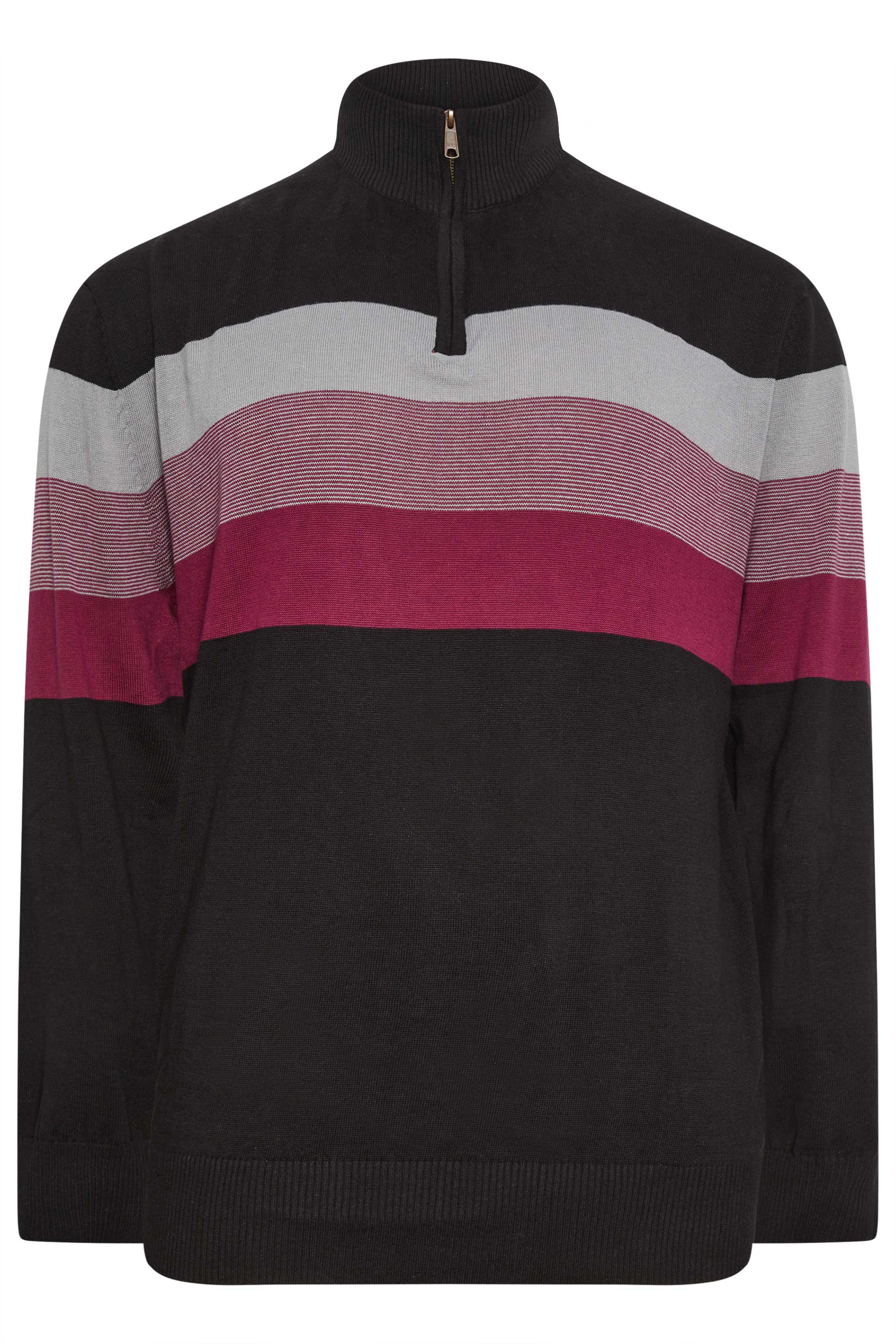 KAM Big & Tall Black Half Zip Stripe Knitted Jumper | BadRhino 2