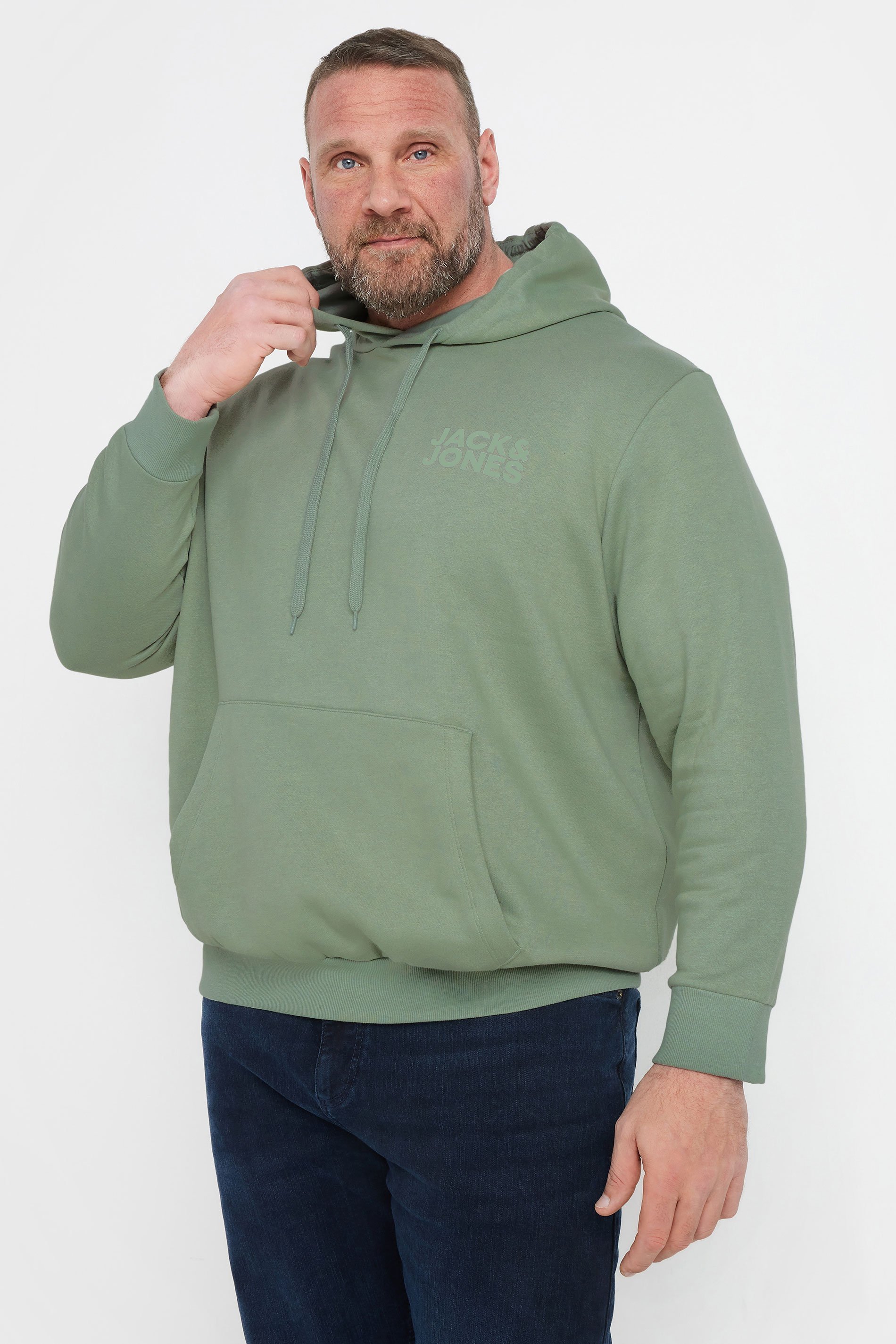 JACK & JONES Big & Tall Light Green Chest Print Logo Hoodie | BadRhino 1