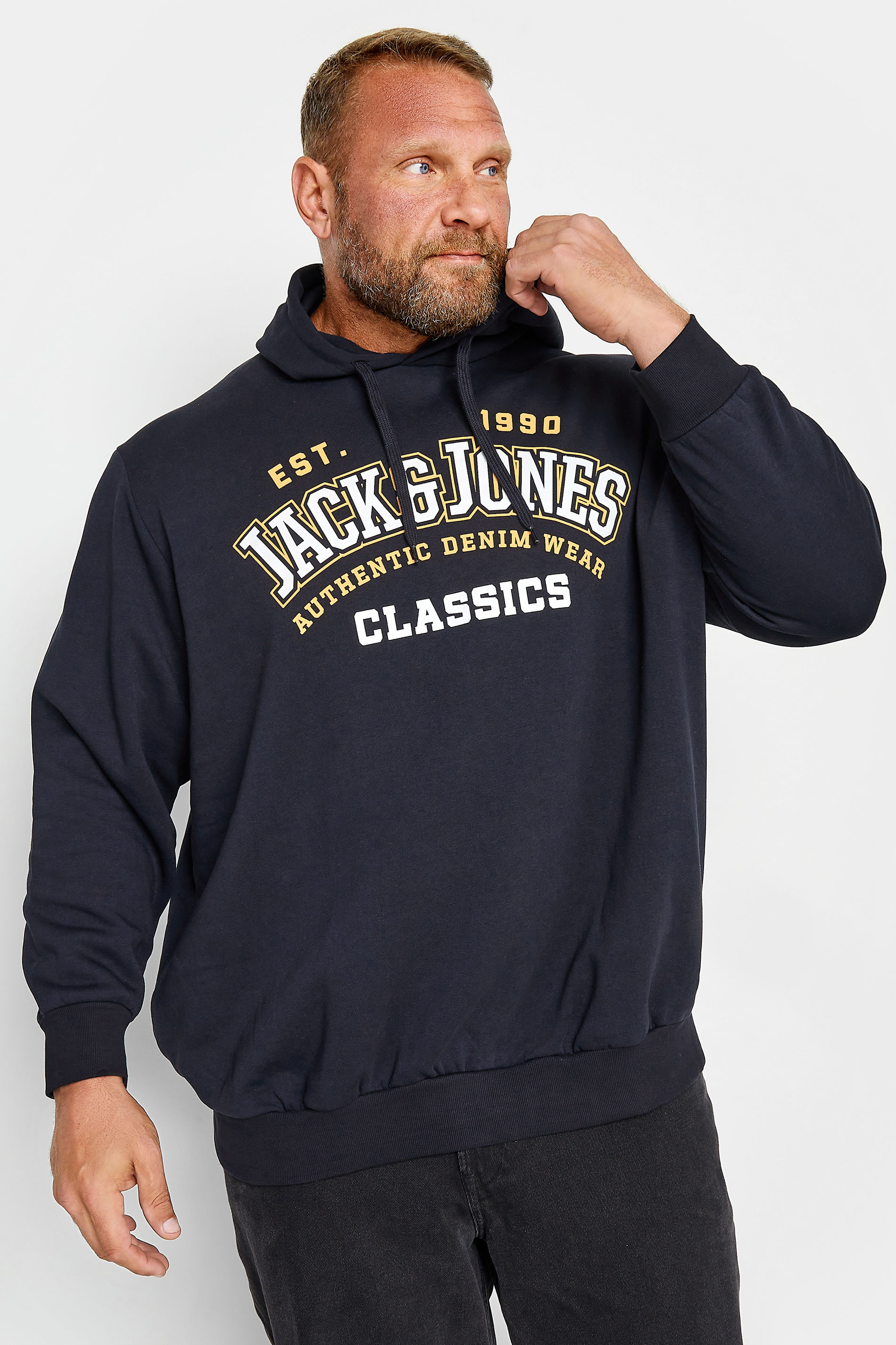 JACK & JONES Big & Tall Navy Blue Logo Print Hooded Sweatshirt | BadRhino 1