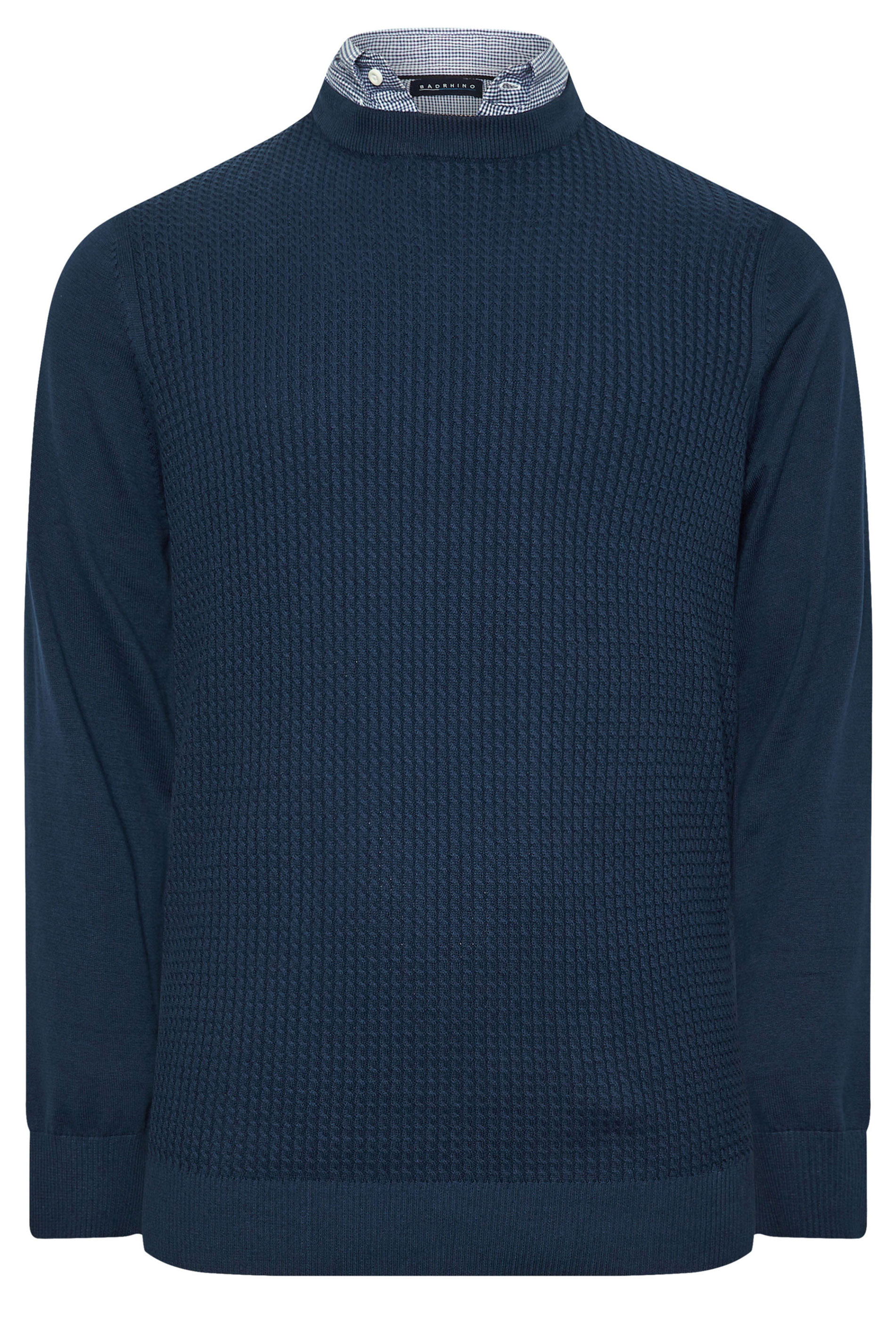BadRhino Big & Tall Navy Blue Cable Knit Mock Shirt Jumper | BadRhino 4