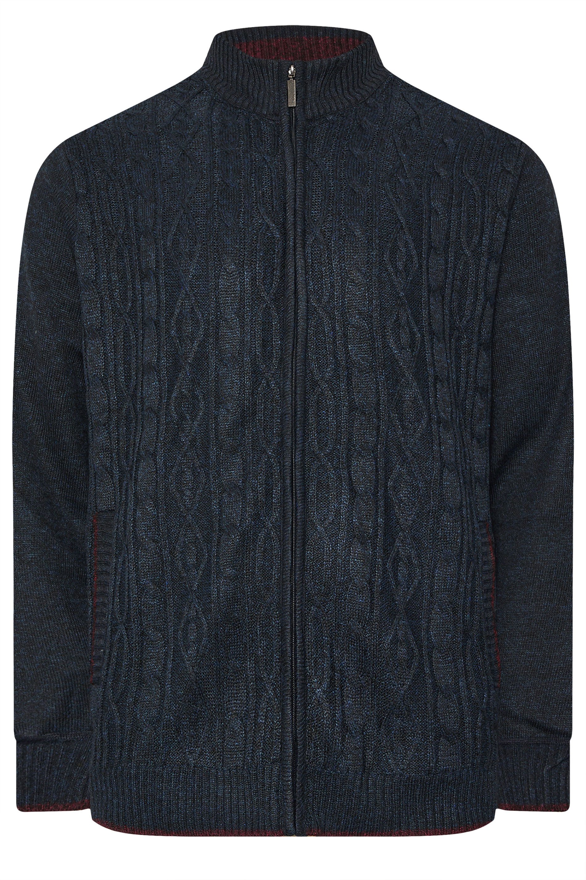 D555 Big & Tall Navy Blue Marl Zip Through Cable Knit Jumper | BadRhino 5