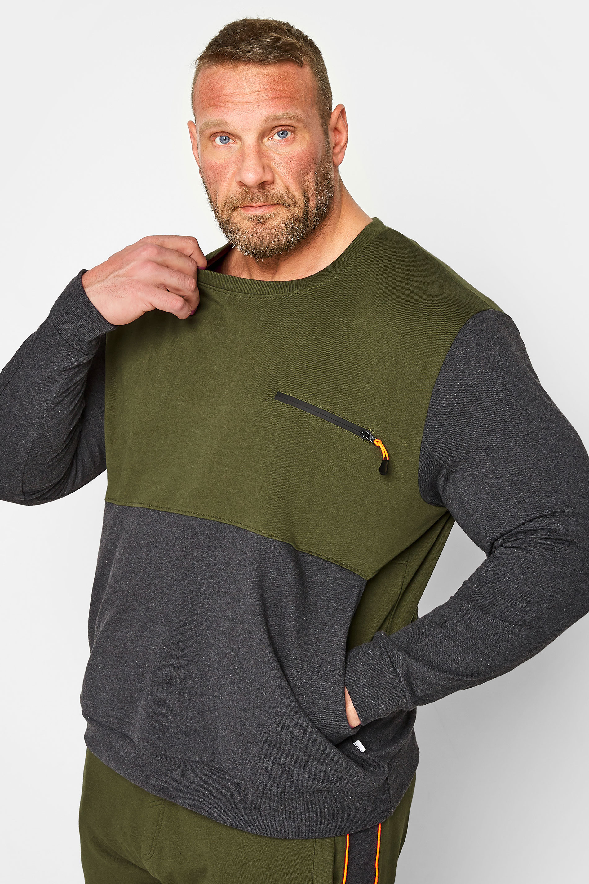 STUDIO A Big & Tall Khaki Green & Grey Zip Pocket Sweatshirt | BadRhino 1