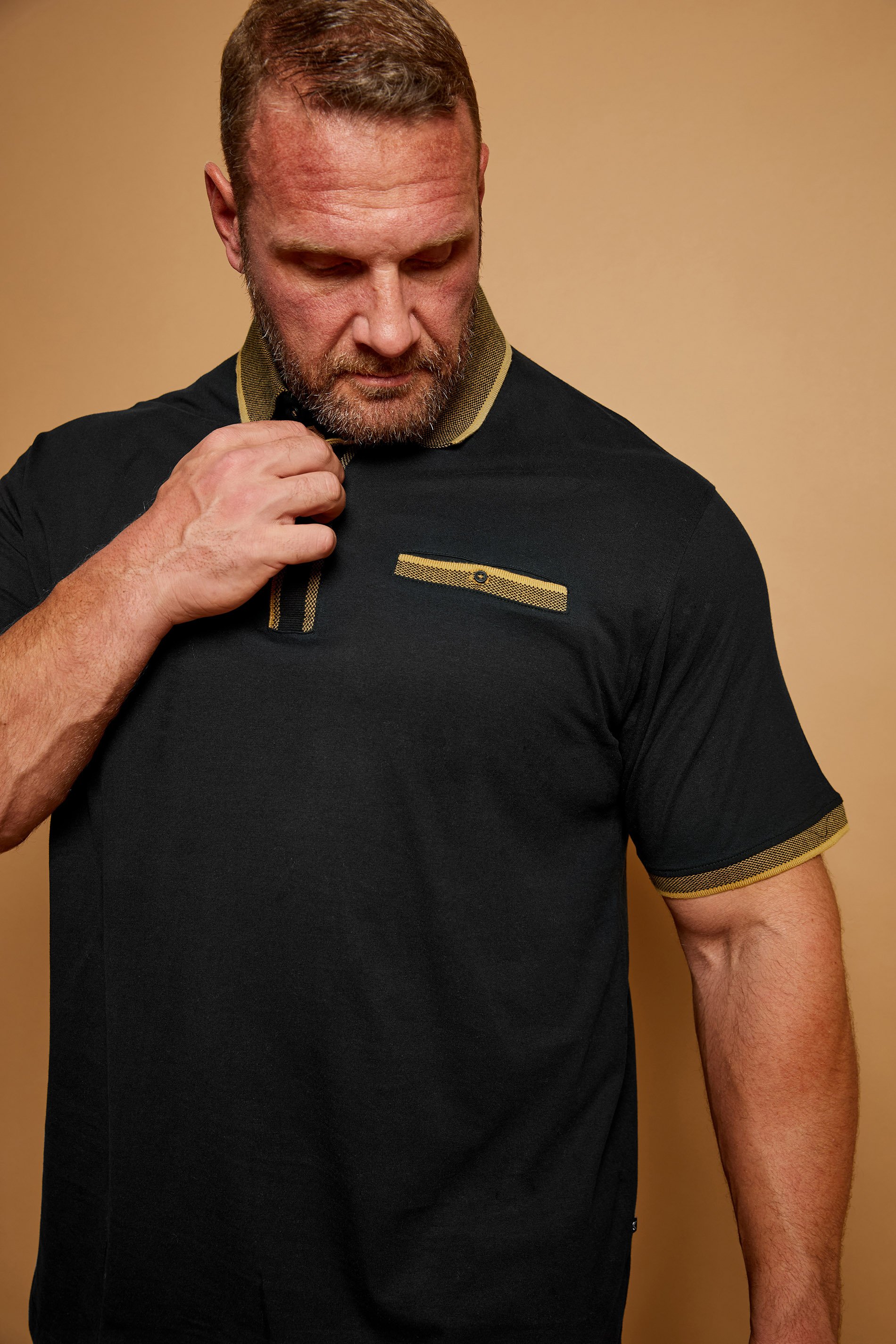 KAM Big & Tall Black Jacquard Collar Polo Shirt | BadRhino 1