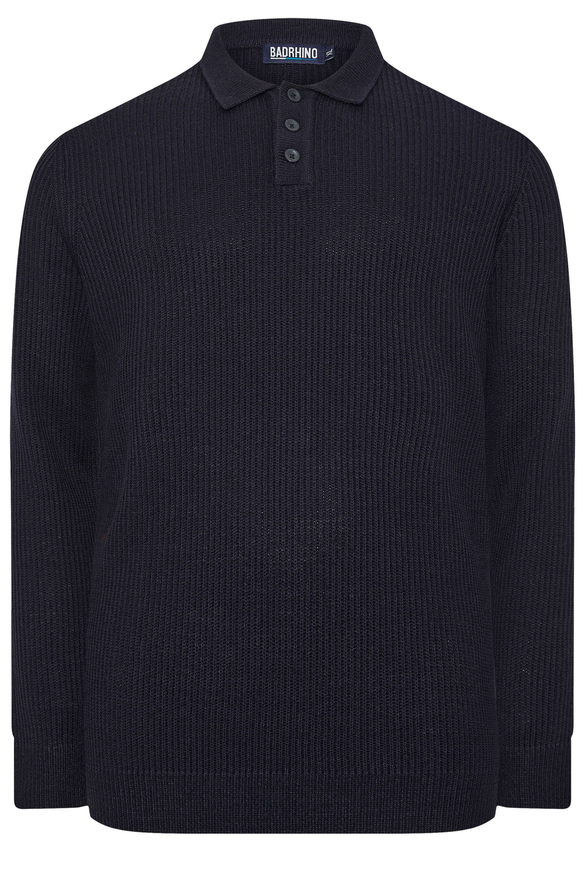 BadRhino Big & Tall Navy Blue Chunky Knit Collared Jumper | BadRhino 1