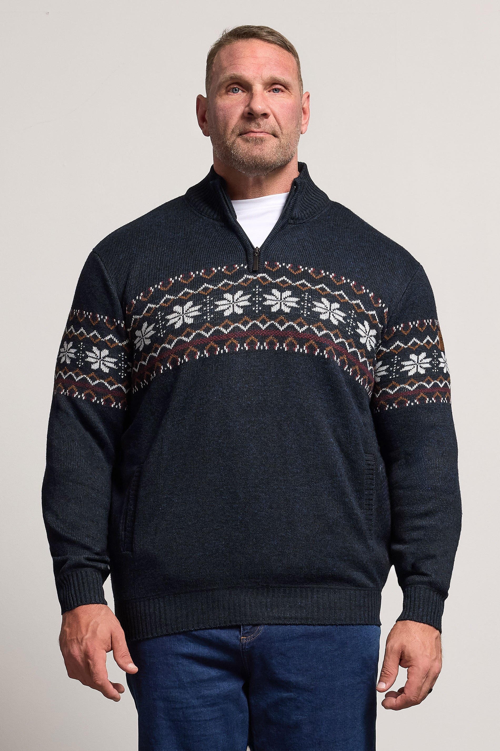 D555 Big & Tall Navy Blue Fairisle Quarter Zip Knitted Jumper | BadRhino 1