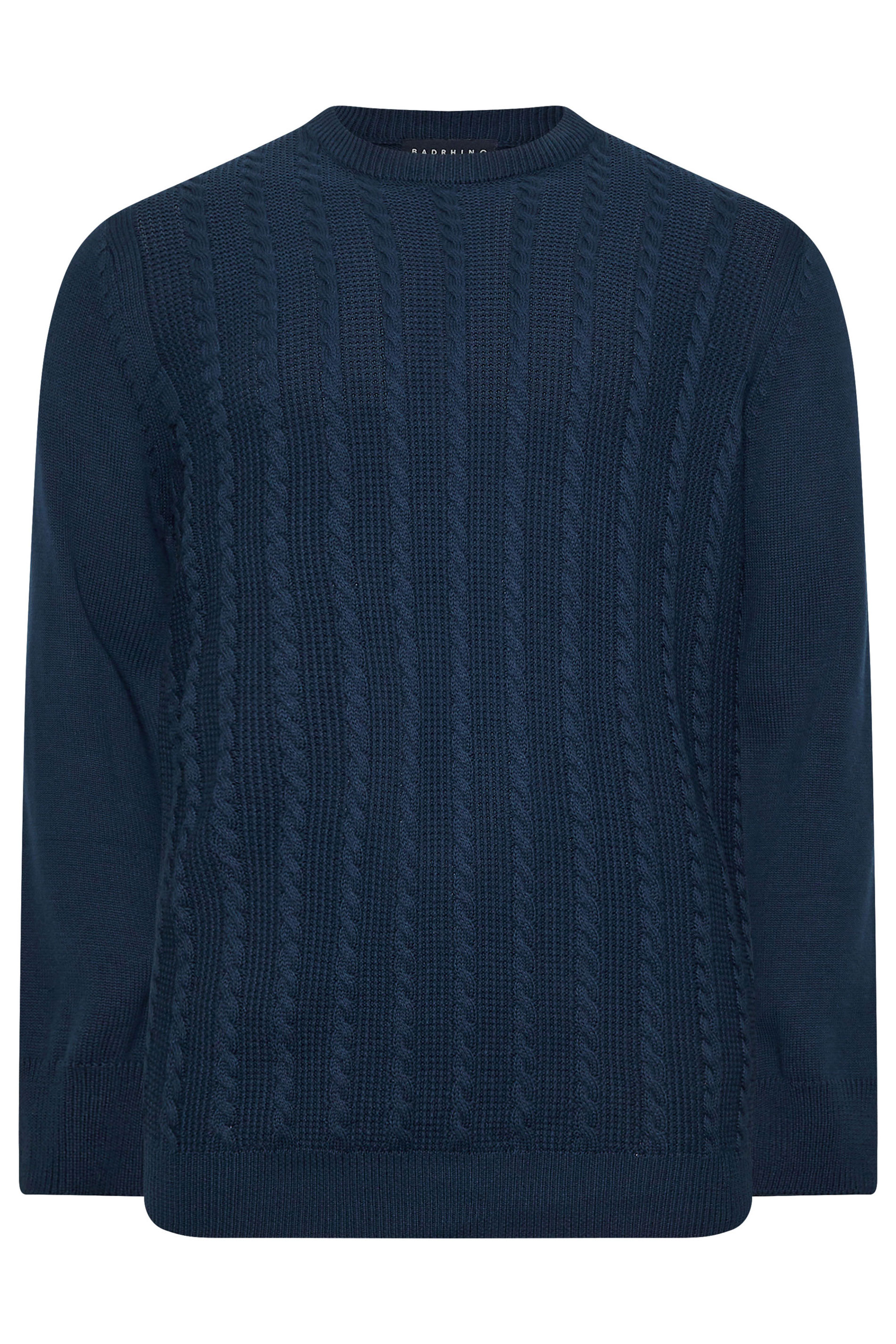 BadRhino Big & Tall Navy Blue Crew Neck Cable Knit Jumper | BadRhino 4