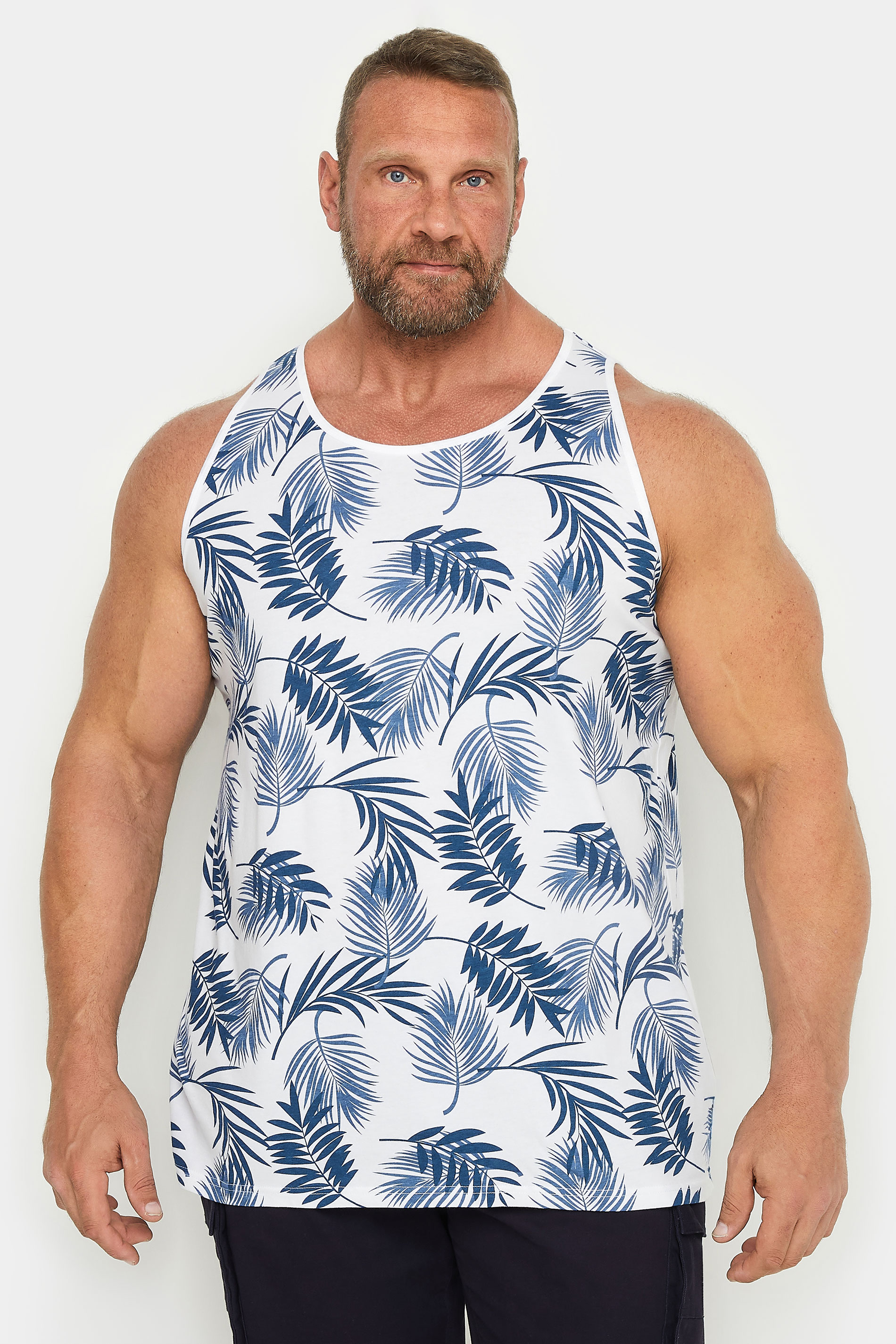 BadRhino Big & Tall White Leaf Print Vest Top | BadRhino 2