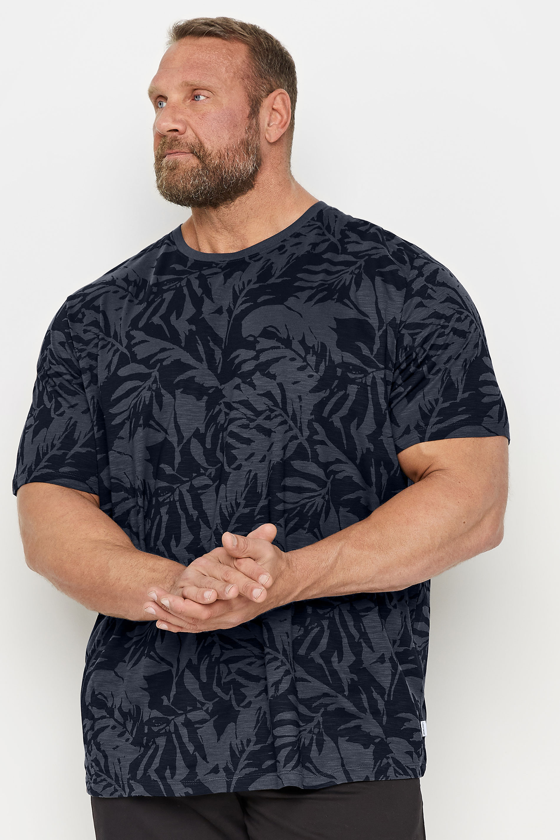 JACK & JONES Big & Tall Asphalt Black Leaf Print Short Sleeve T-Shirt | BadRhino 1
