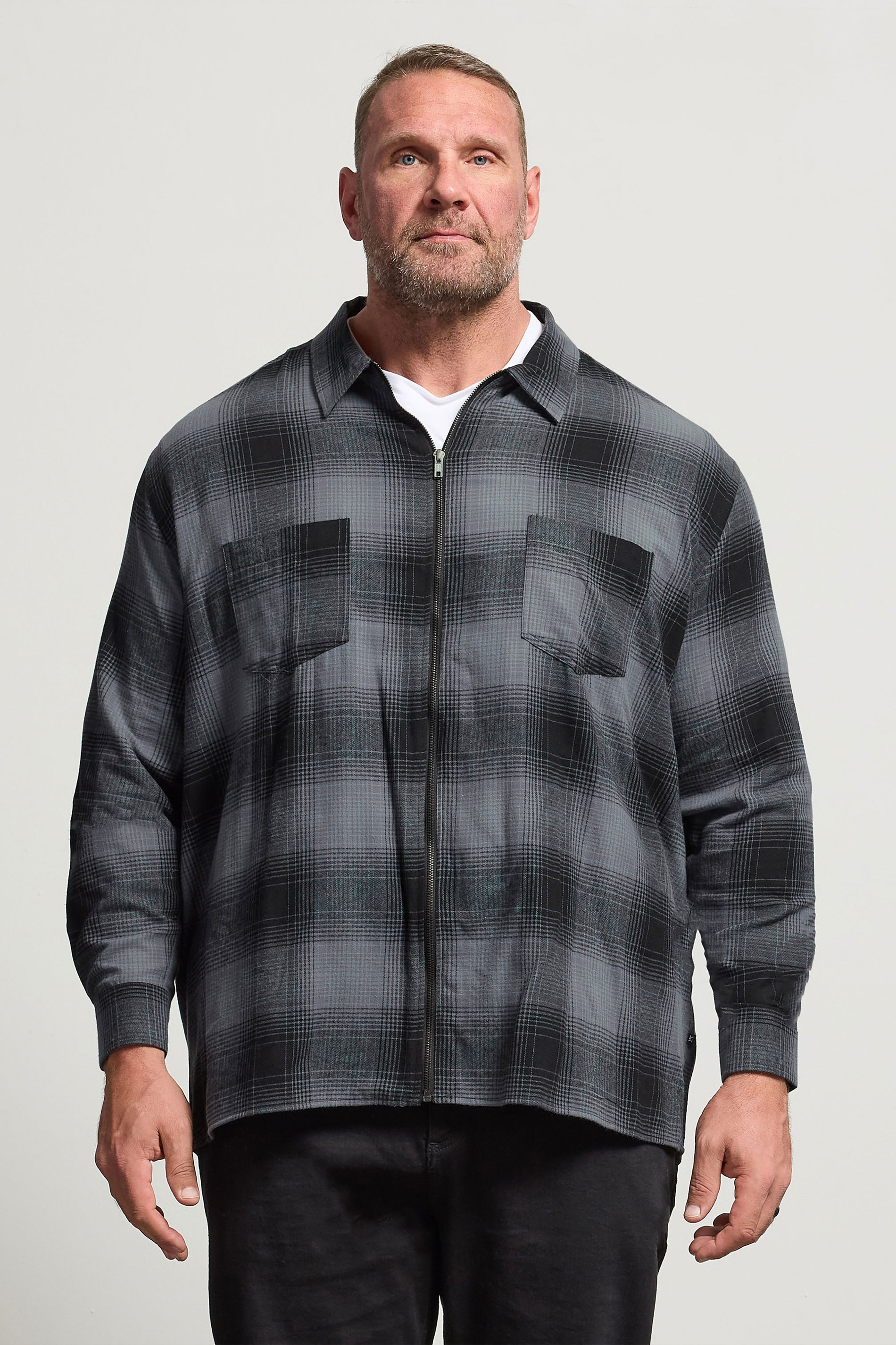 KAM Big & Tall Navy Blue Zip Through Quilted Check Overshirt | BadRhino 1