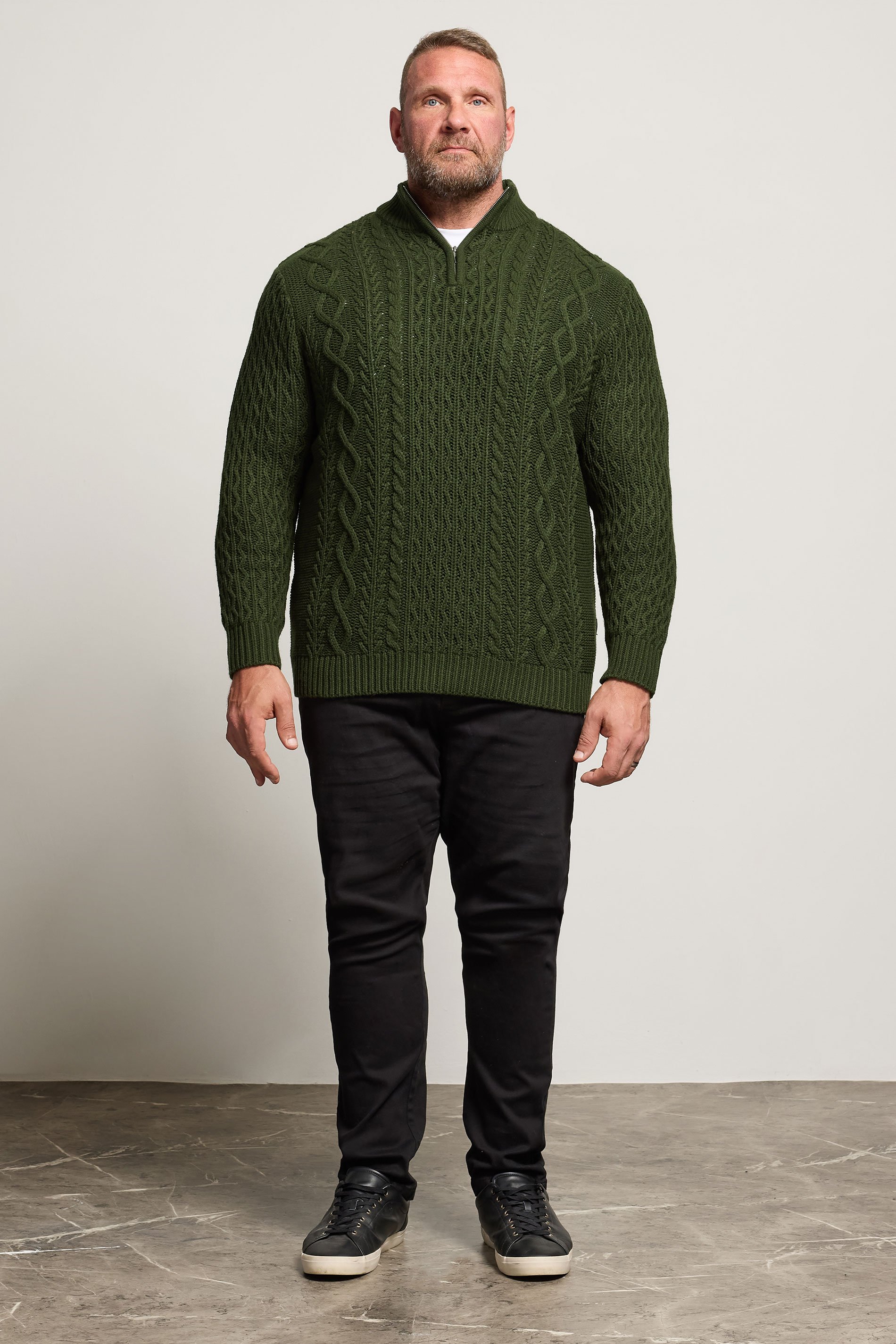 BadRhino Big & Tall Dark Green Cable Knit Quarter Zip Jumper | BadRhino 2