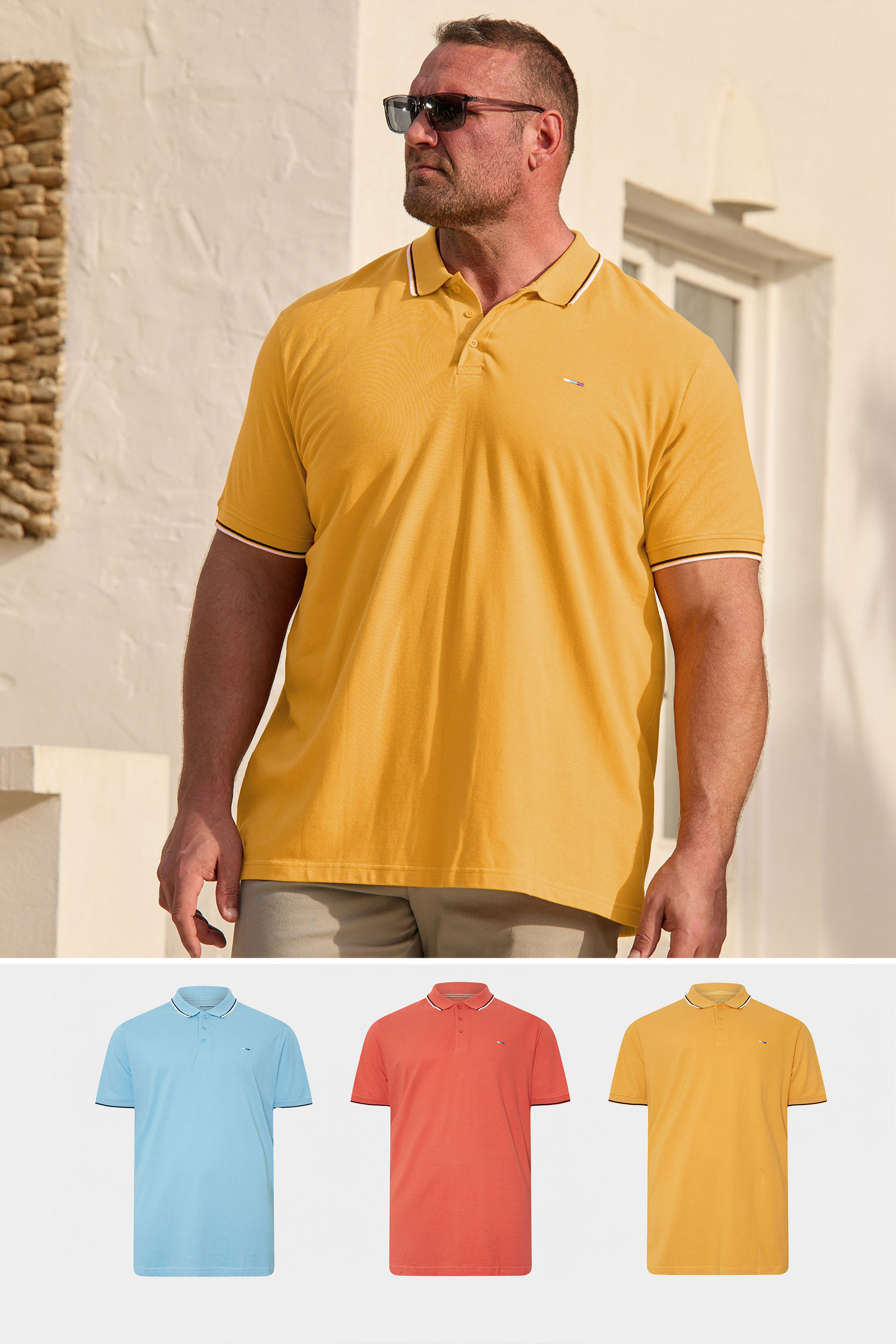 BadRhino Big & Tall 3 Pack Blue & Yellow Tipped Polo Shirts | BadRhino 1