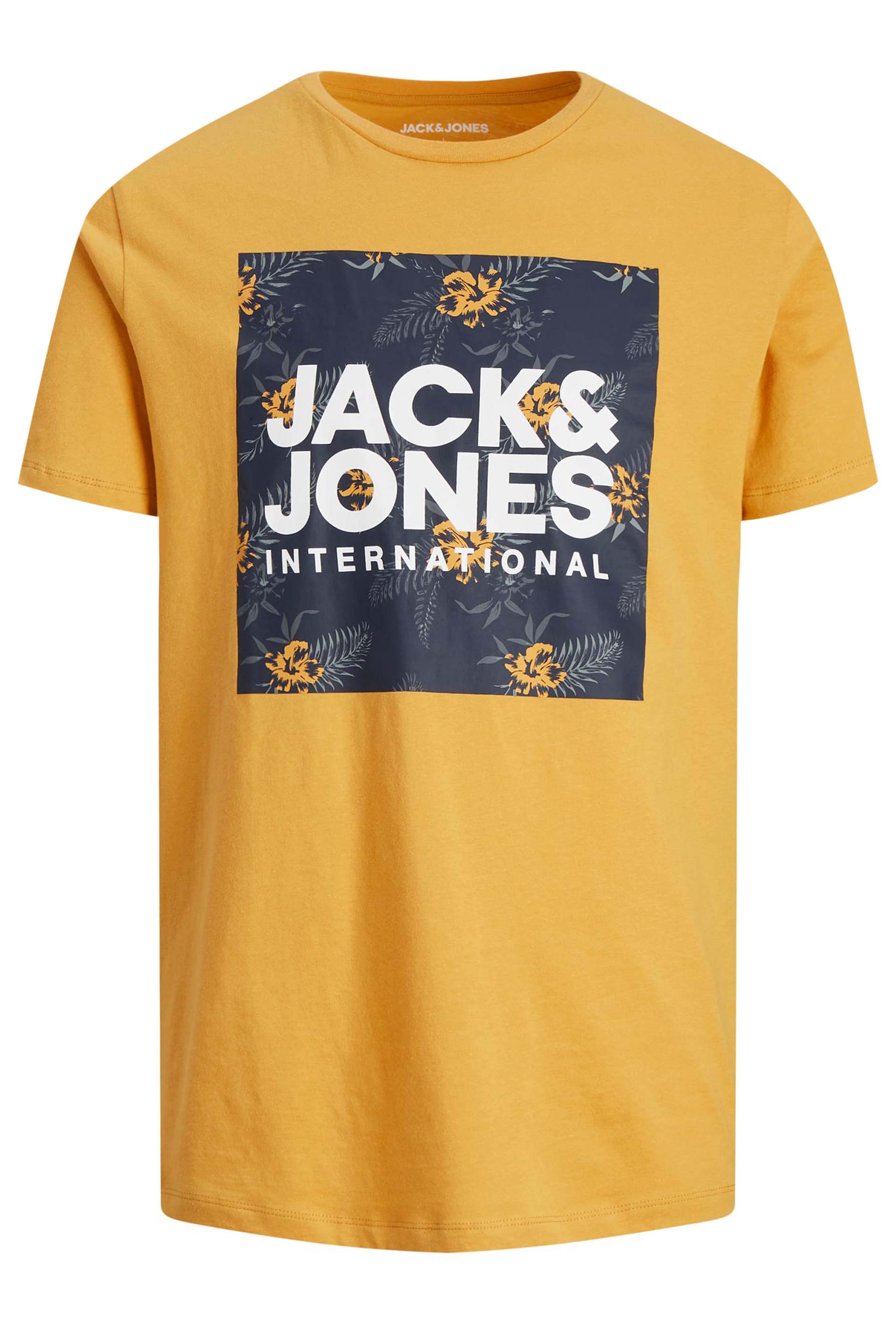 JACK & JONES Big & Tall Yellow Tropical Logo Print T-Shirt | BadRhino 2