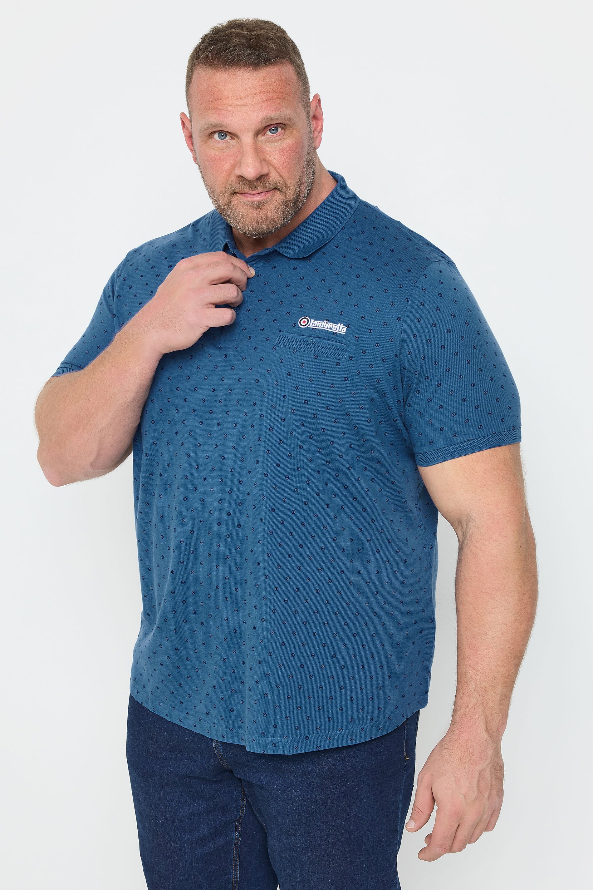 LAMBRETTA Big & Tall Blue Target Print Premium Polo Shirt | BadRhino 1