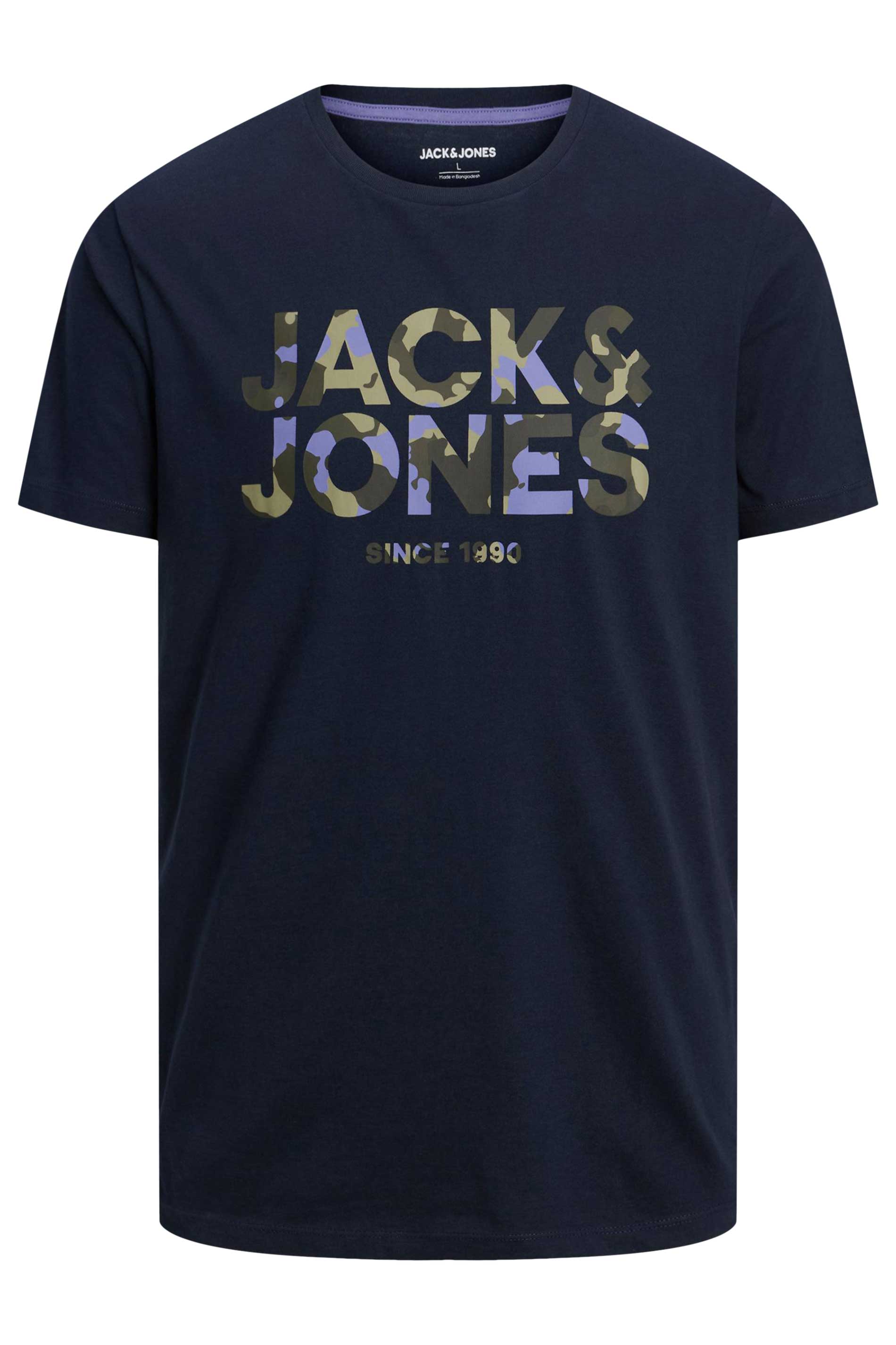 JACK & JONES Big & Tall Navy Blue Camo Logo Crew Neck T-Shirt | BadRhino 2
