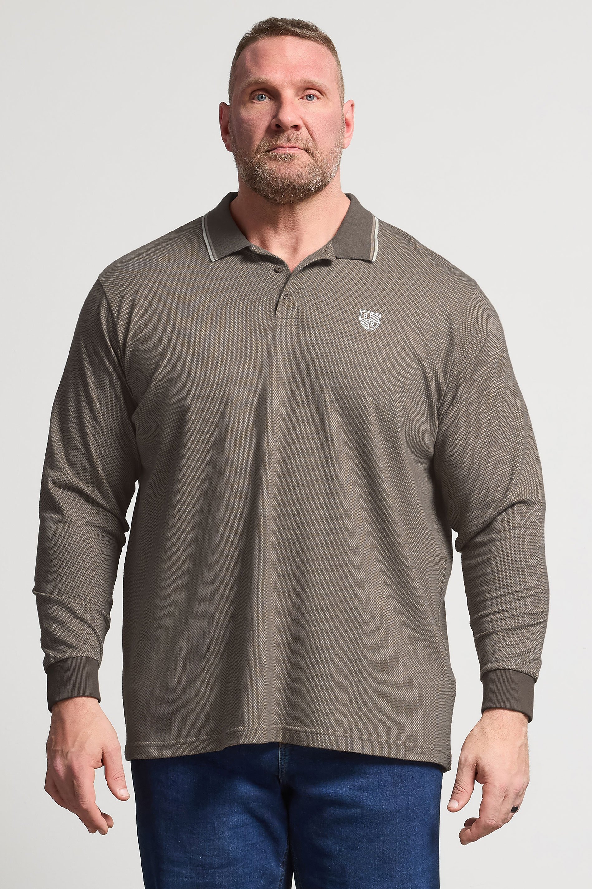 BadRhino Big & Tall Brown Textured Waffle Long Sleeve Polo Shirt | BadRhino 1
