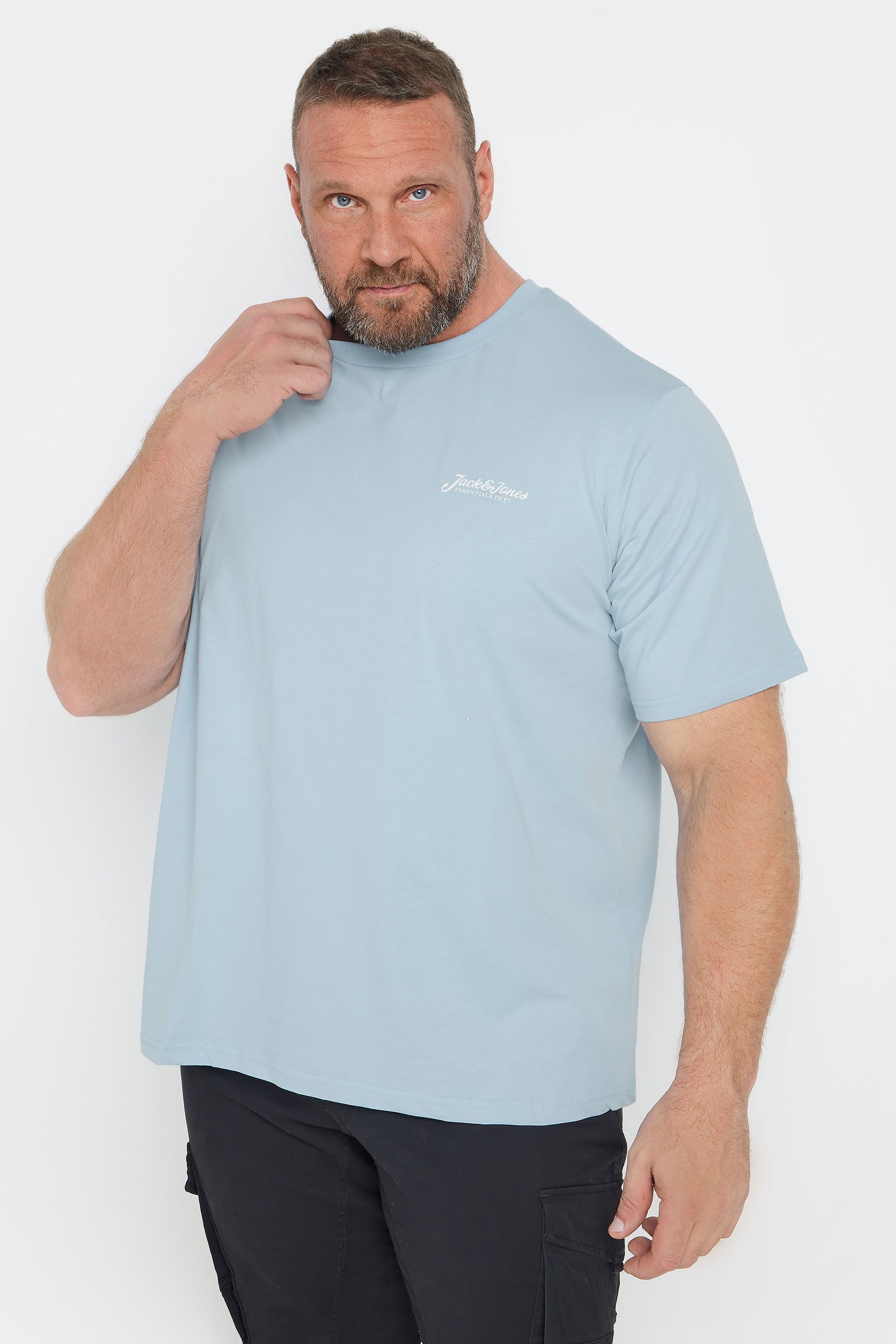 JACK & JONES Big & Tall Light Blue Frontprint Crew Neck T-Shirt | BadRhino 1