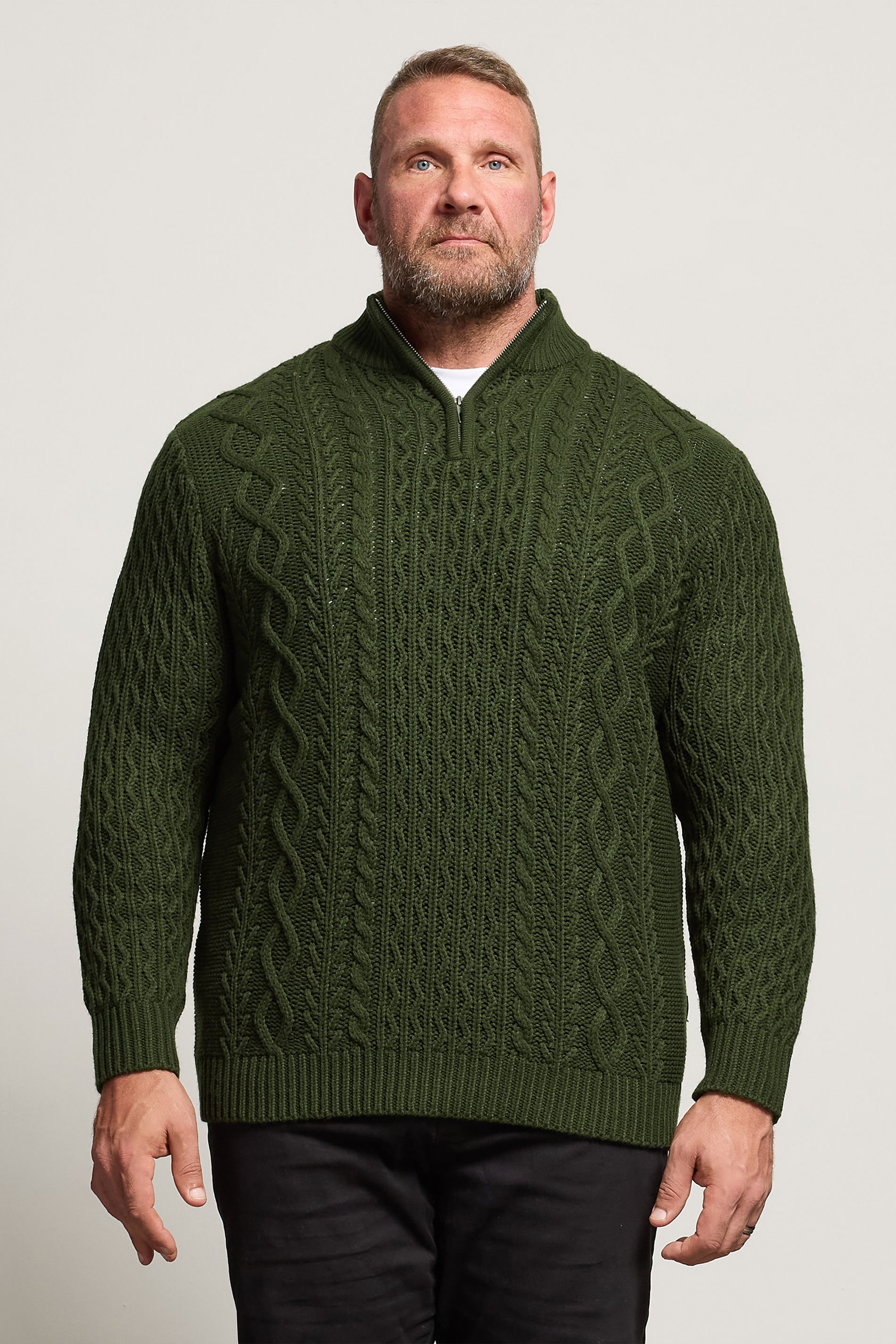 BadRhino Big & Tall Dark Green Cable Knit Quarter Zip Jumper | BadRhino 1
