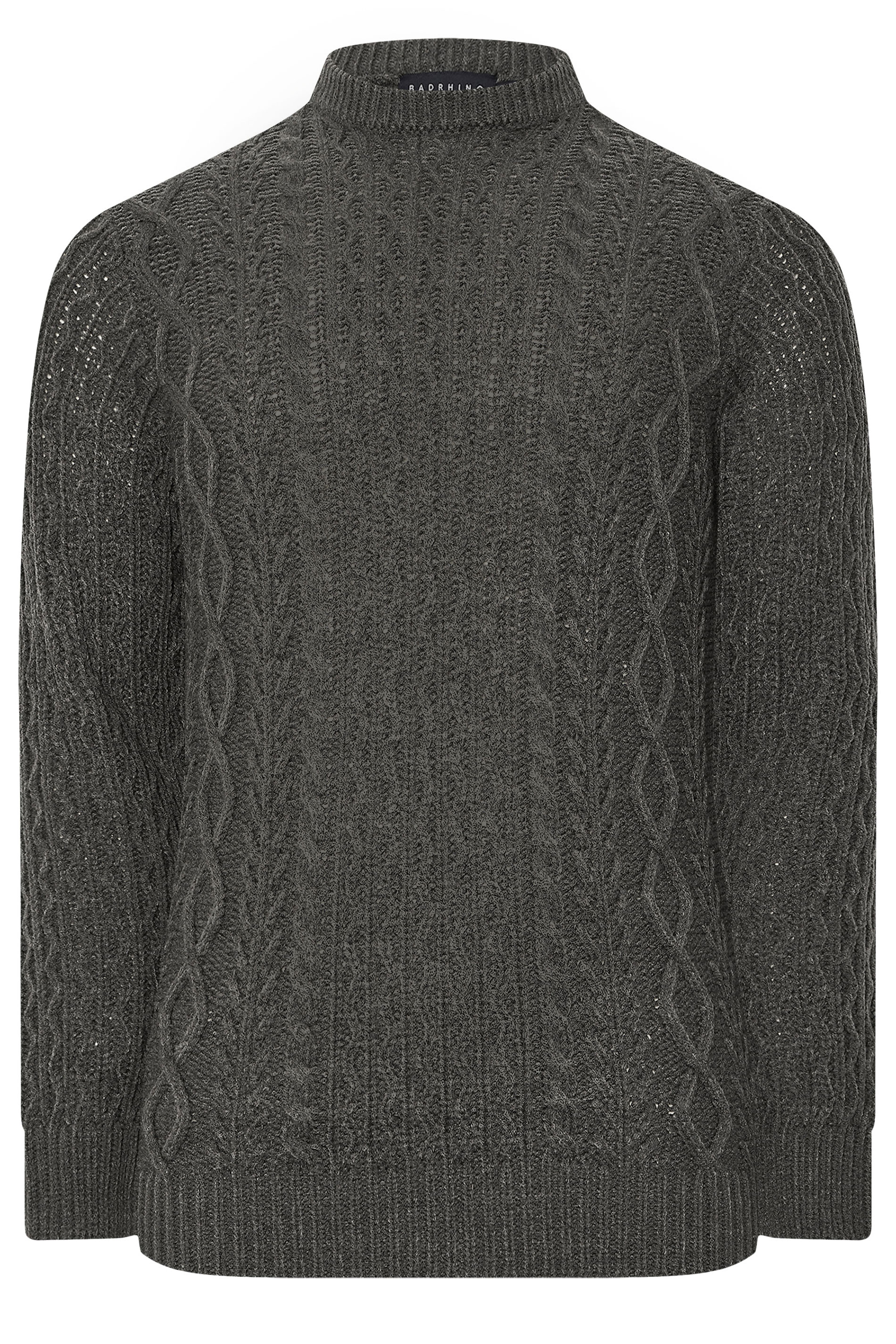 BadRhino Big & Tall Charcoal Grey Crew Neck Cable Knit Jumper | BadRhino 5