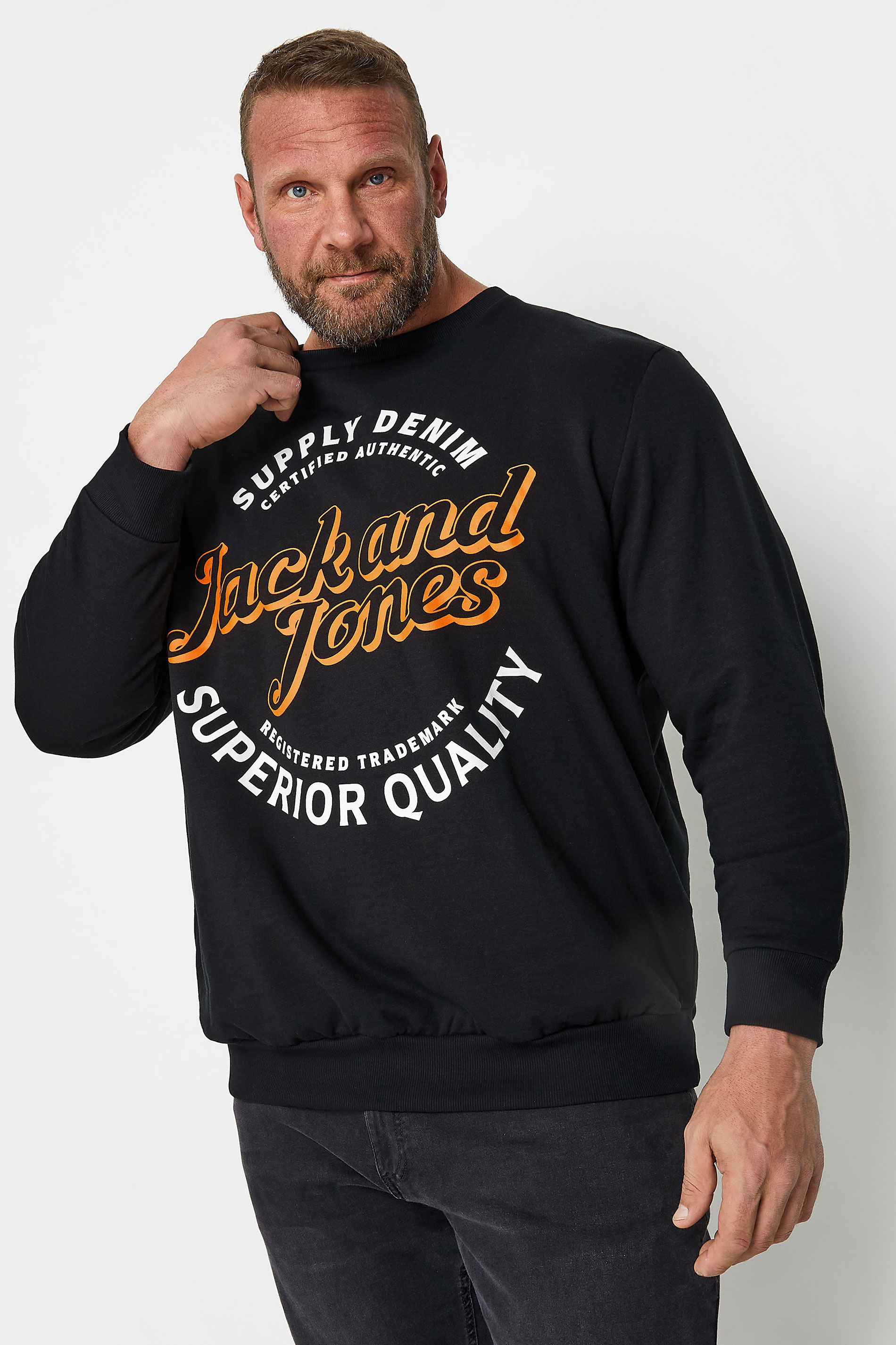 JACK & JONES Big & Tall Black Logo Print Sweatshirt | BadRhino 1
