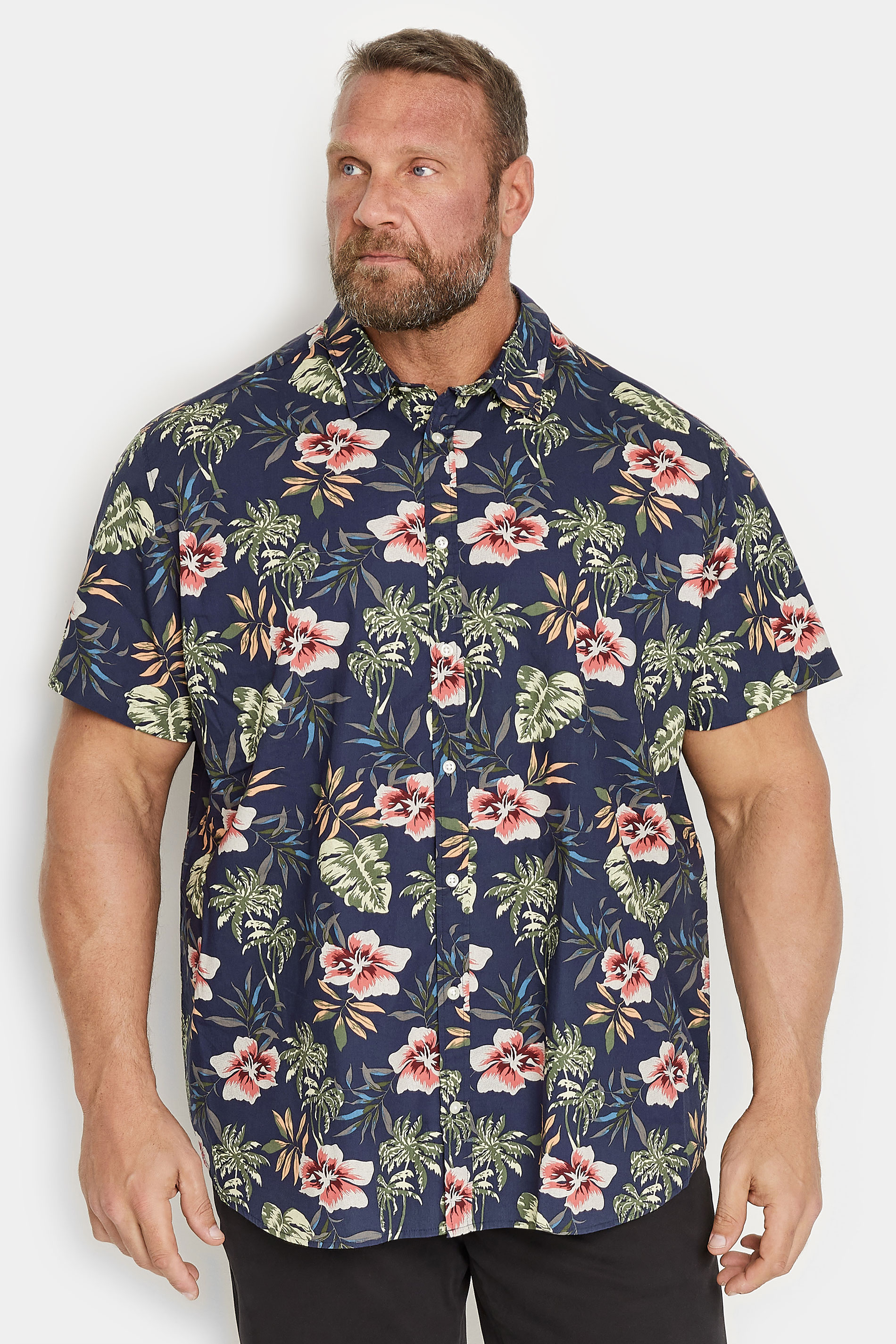 JACK & JONES Navy Blue Tropical Print Short Sleeve Cotton Shirt | BadRhino 1