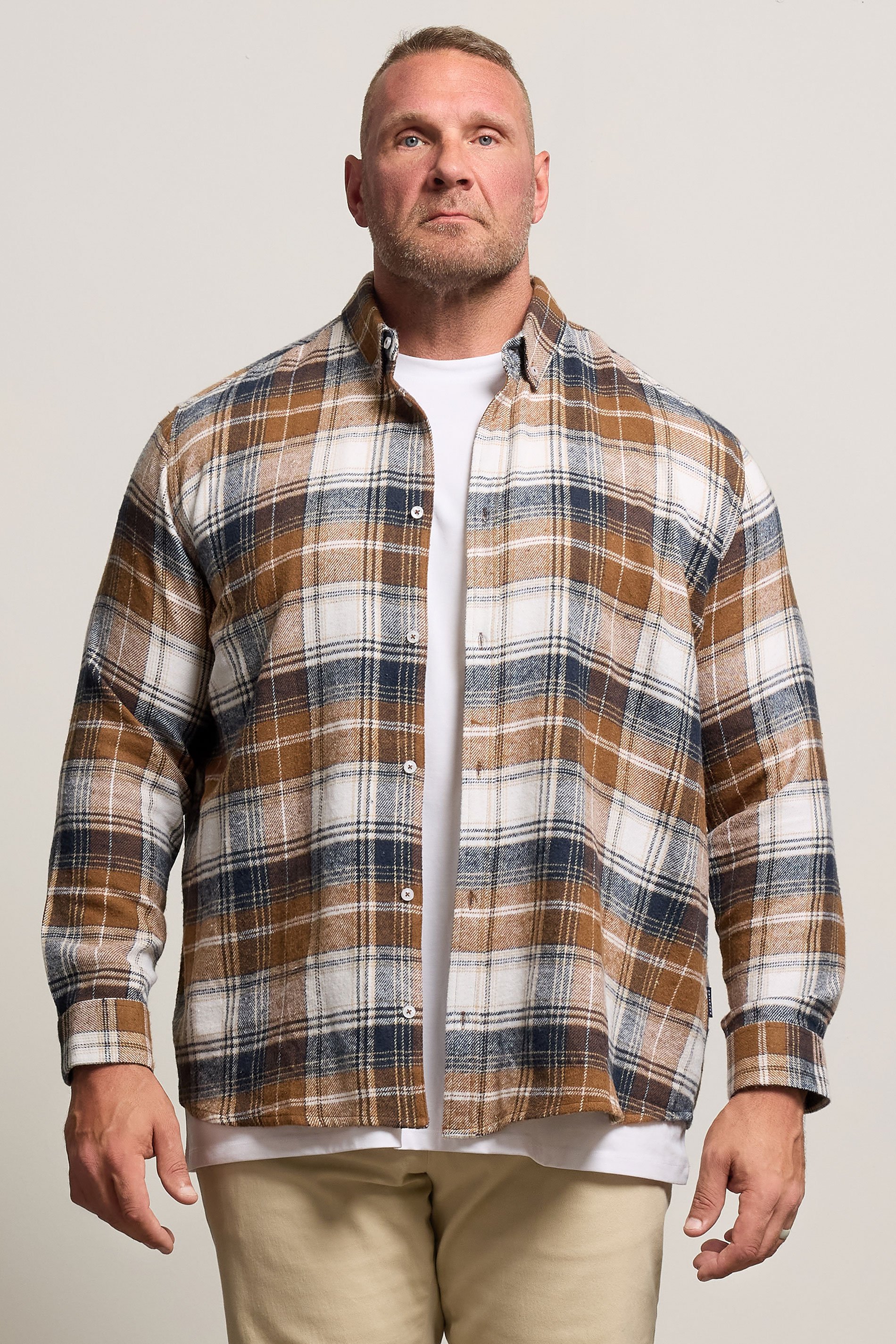 BadRhino Big & Tall Tan Brown & Navy Blue Brushed Checked Shirt | BadRhino 1