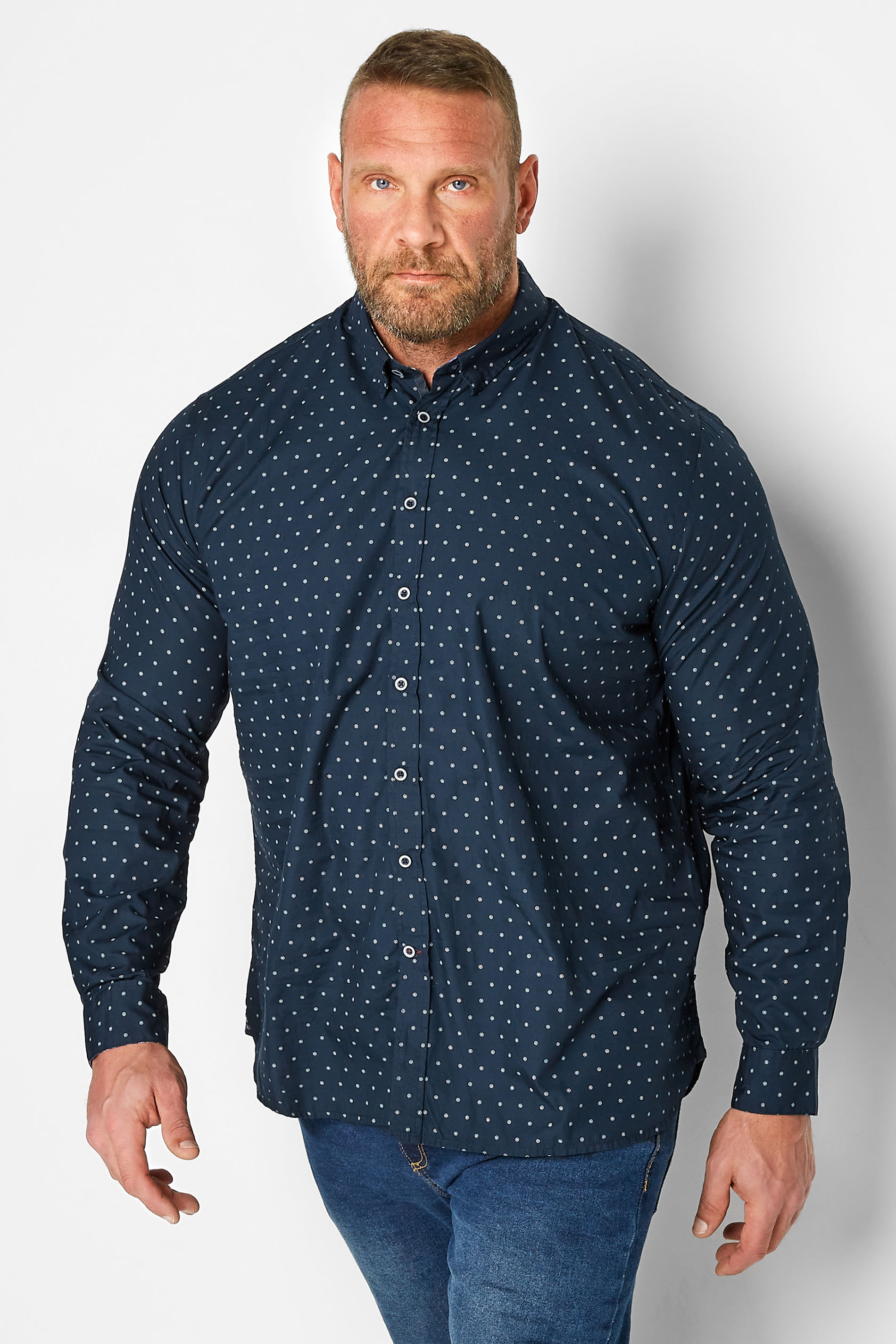 D555 Big & Tall Navy Blue Polka Dot Print Long Sleeve Shirt | BadRhino 1