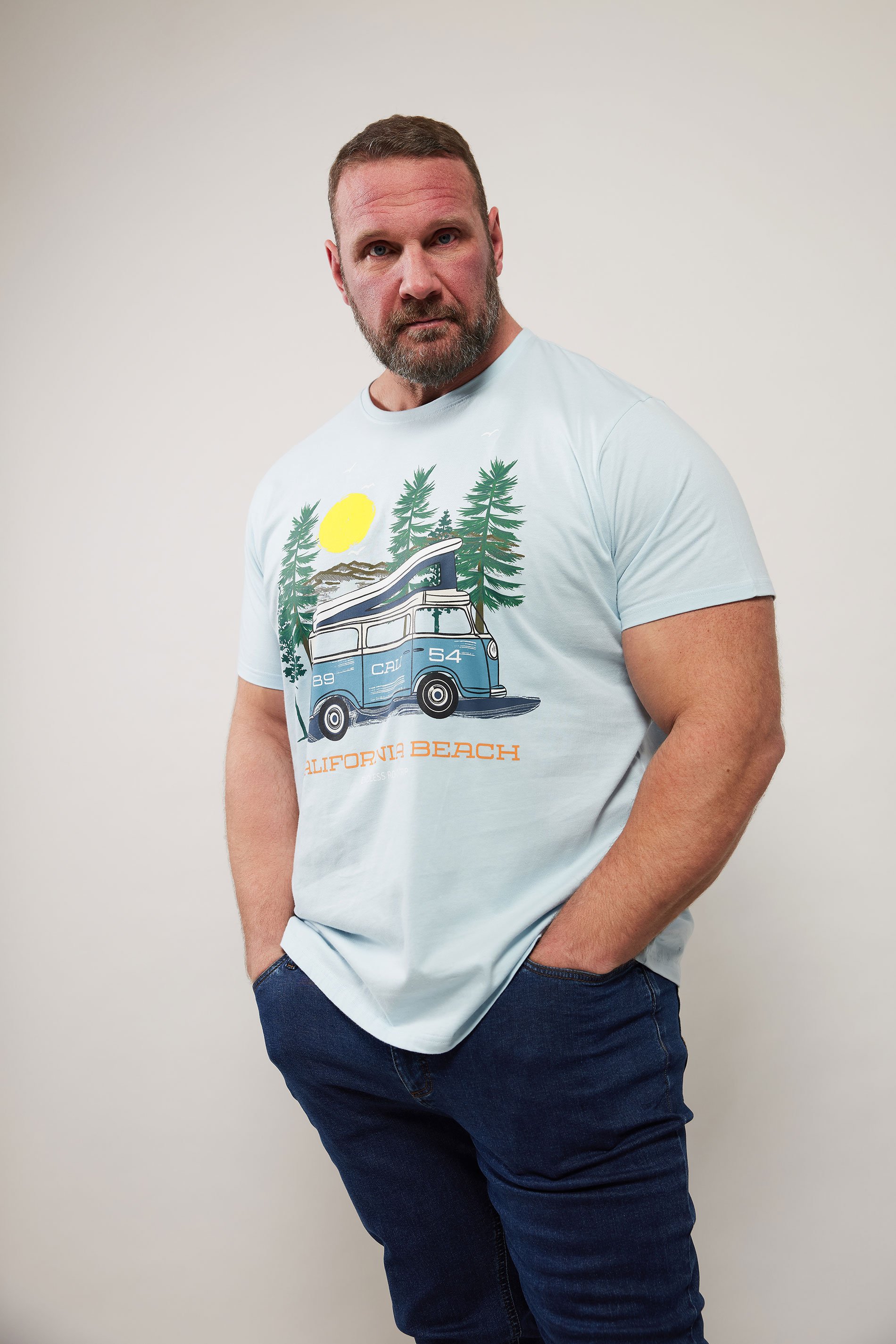 BadRhino Big & Tall Light Blue 'California Beach' Campervan T-Shirt | BadRhino 1