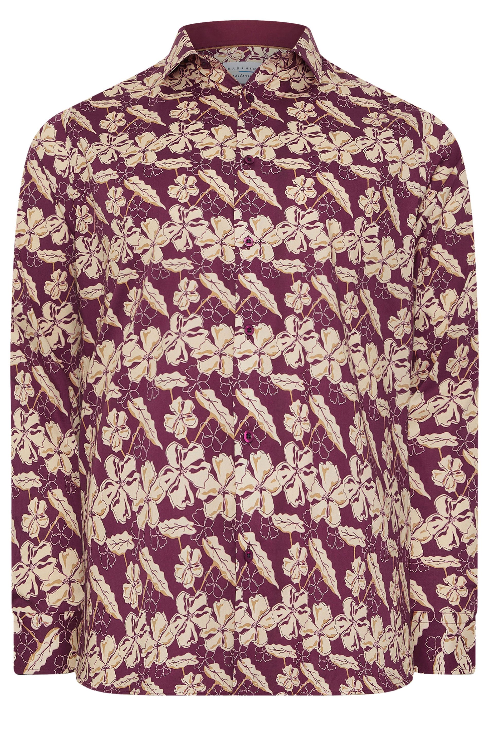 BadRhino Tailoring Big & Tall Burgundy Red Premium Leaf Print Long Sleeve Shirt | BadRhino 7