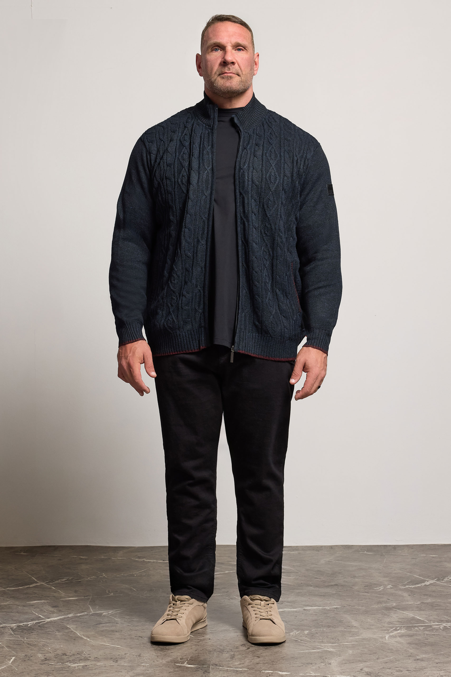 D555 Big & Tall Navy Blue Marl Zip Through Cable Knit Jumper | BadRhino 3