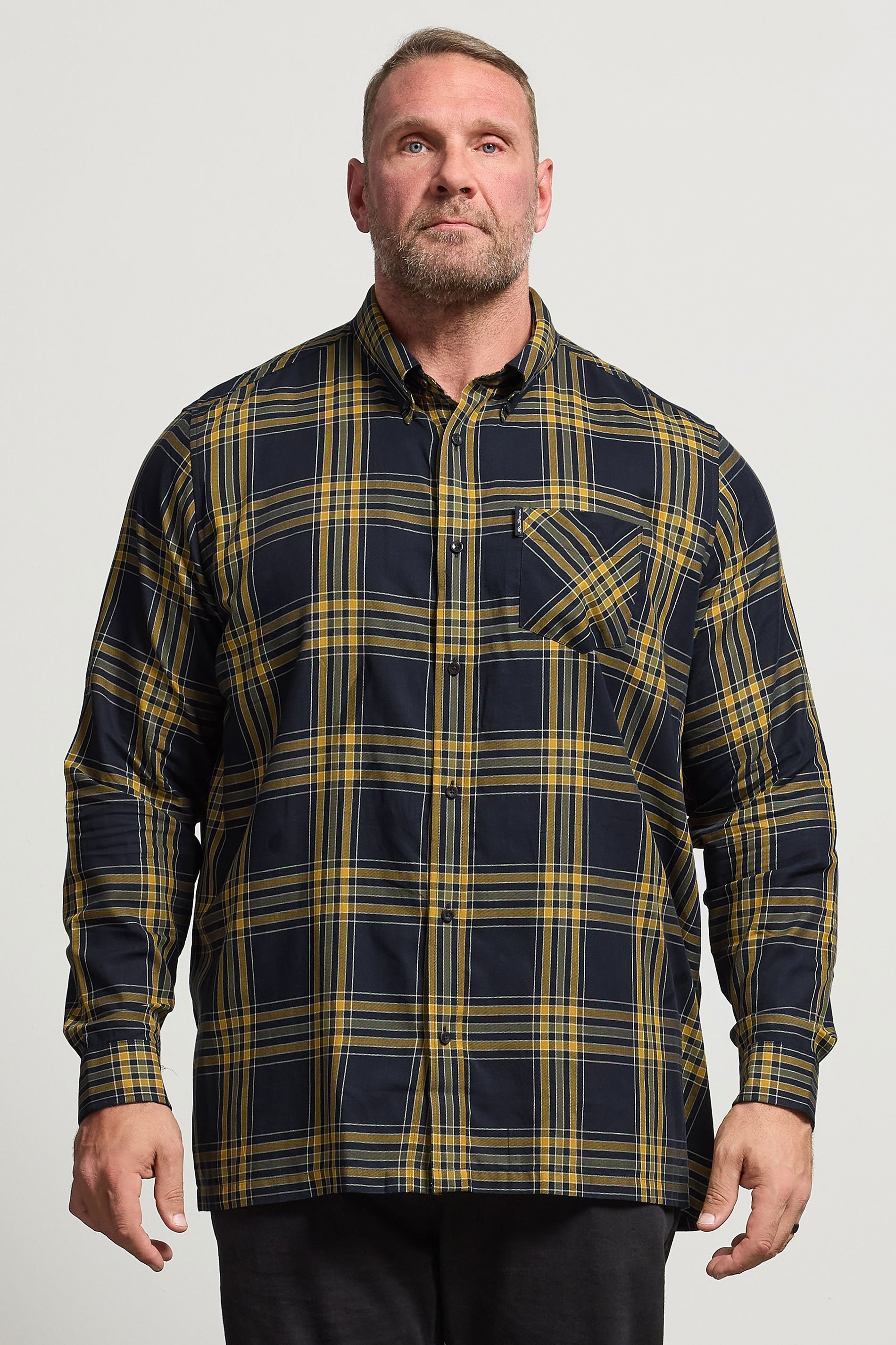 BEN SHERMAN Big & Tall Navy Blue & Yellow Check Shirt | BadRhino 1