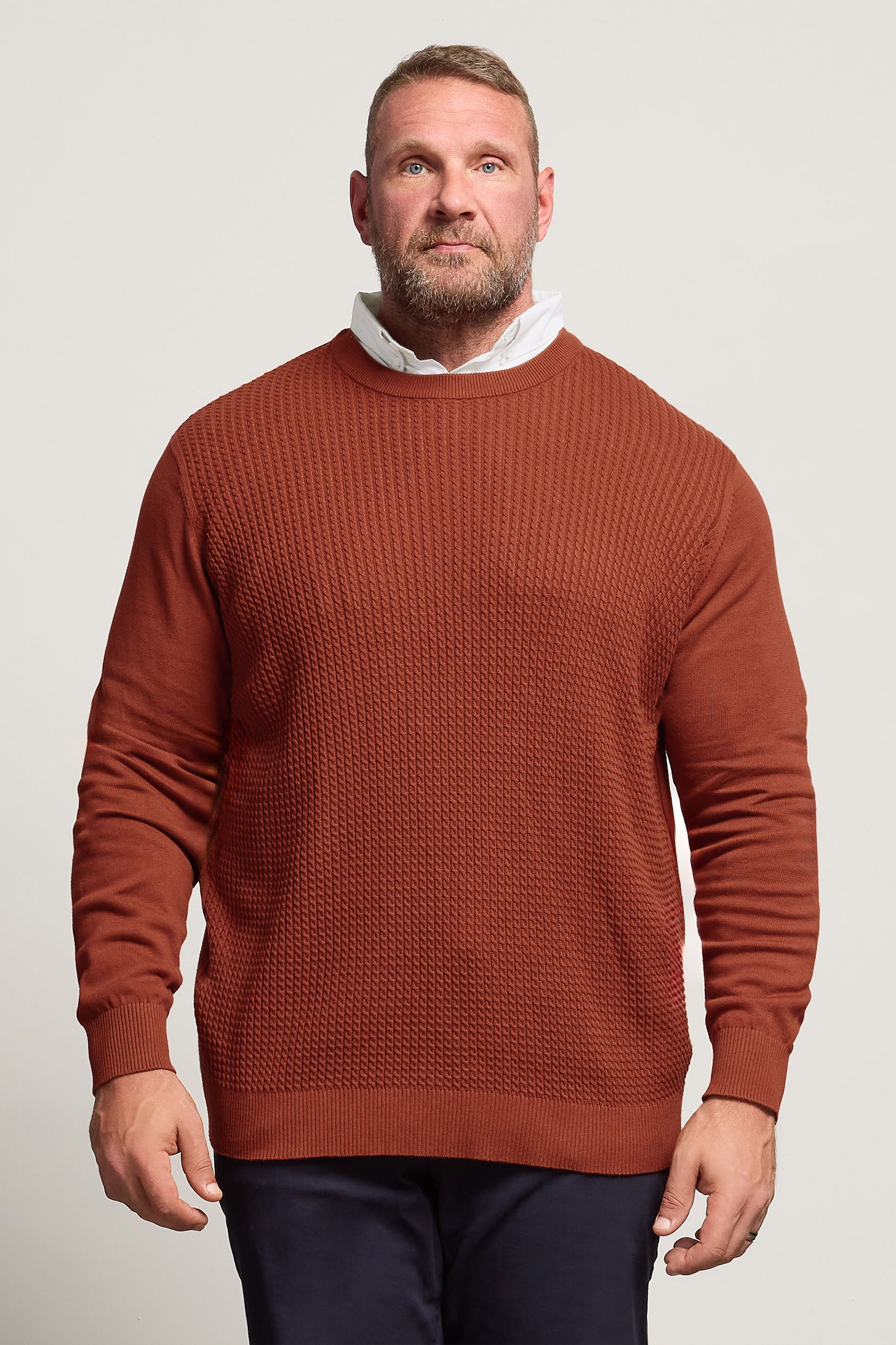 BadRhino Big & Tall Burnt Red Cable Knit Mock Shirt Jumper  1