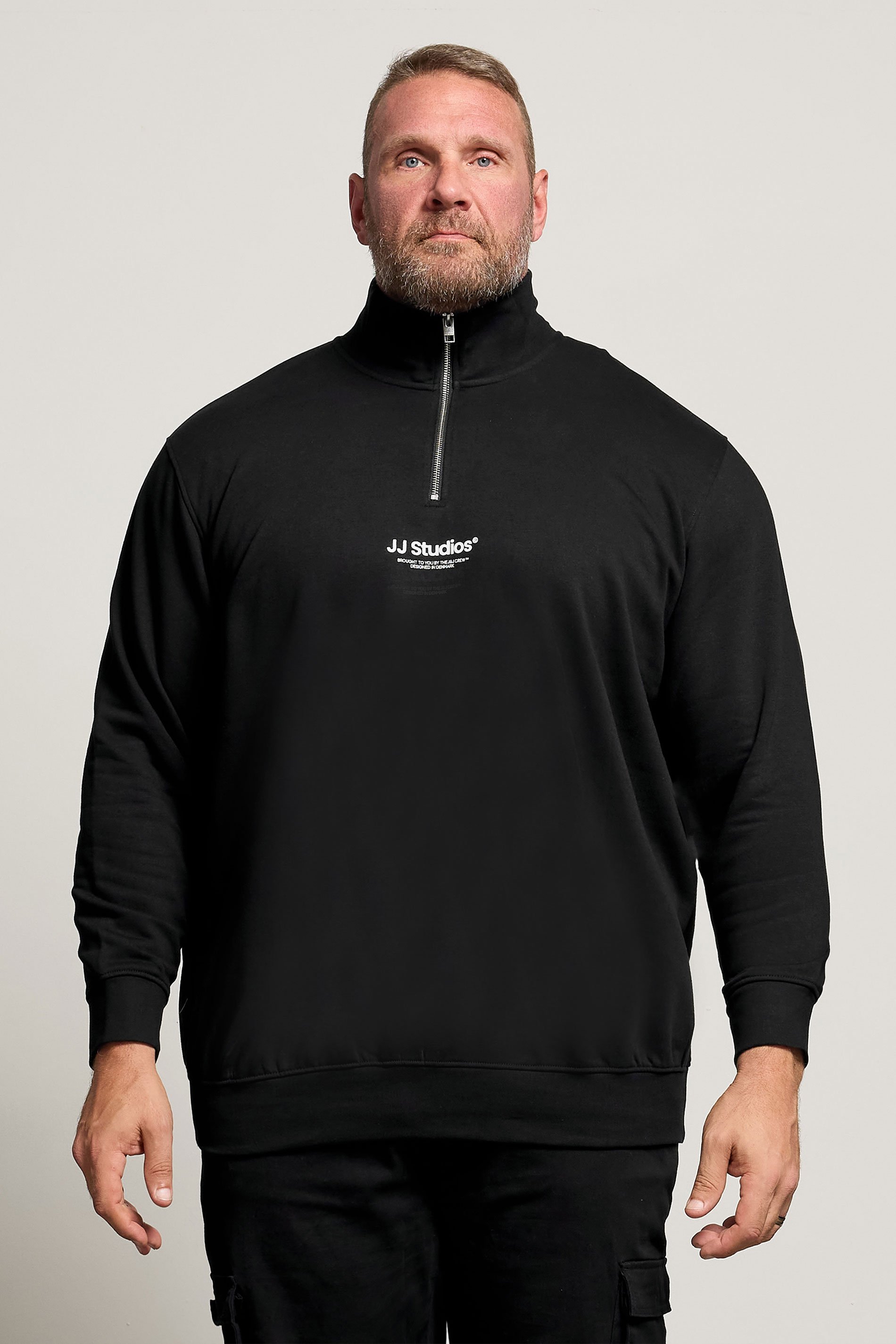 JACK & JONES Big & Tall Black JJ Studio Quarter Zip Sweatshirt | BadRhino 1