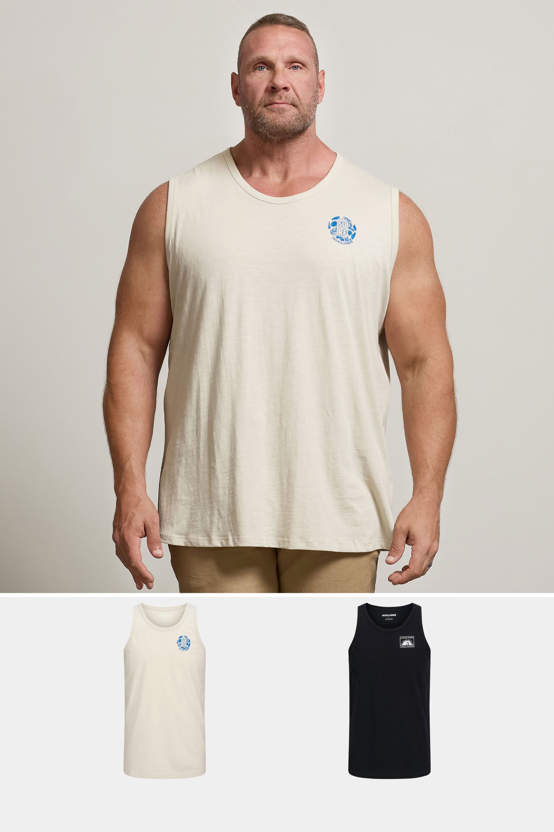JACK & JONES Big & Tall 2 PACK Moonbeam White & Black Vests | BadRhino 1