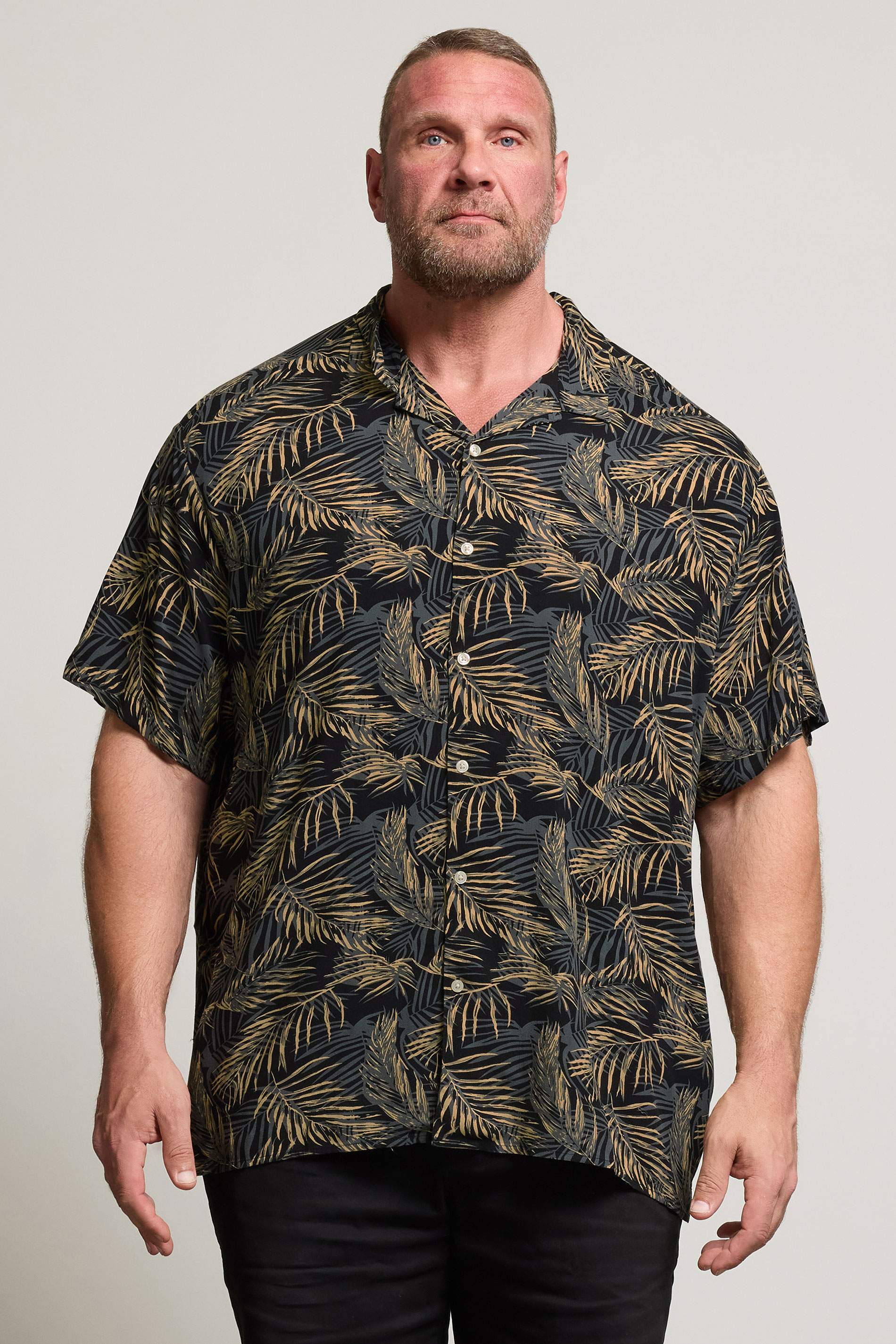 JACK & JONES Big & Tall Black Tropical Palm Collar Resort Shirt | BadRhino 1