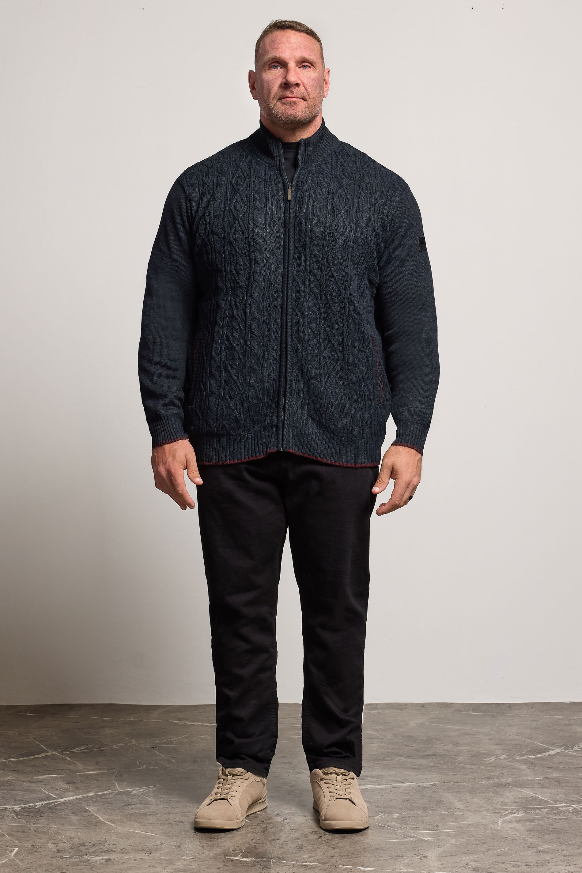 D555 Big & Tall Navy Blue Marl Zip Through Cable Knit Jumper | BadRhino 2